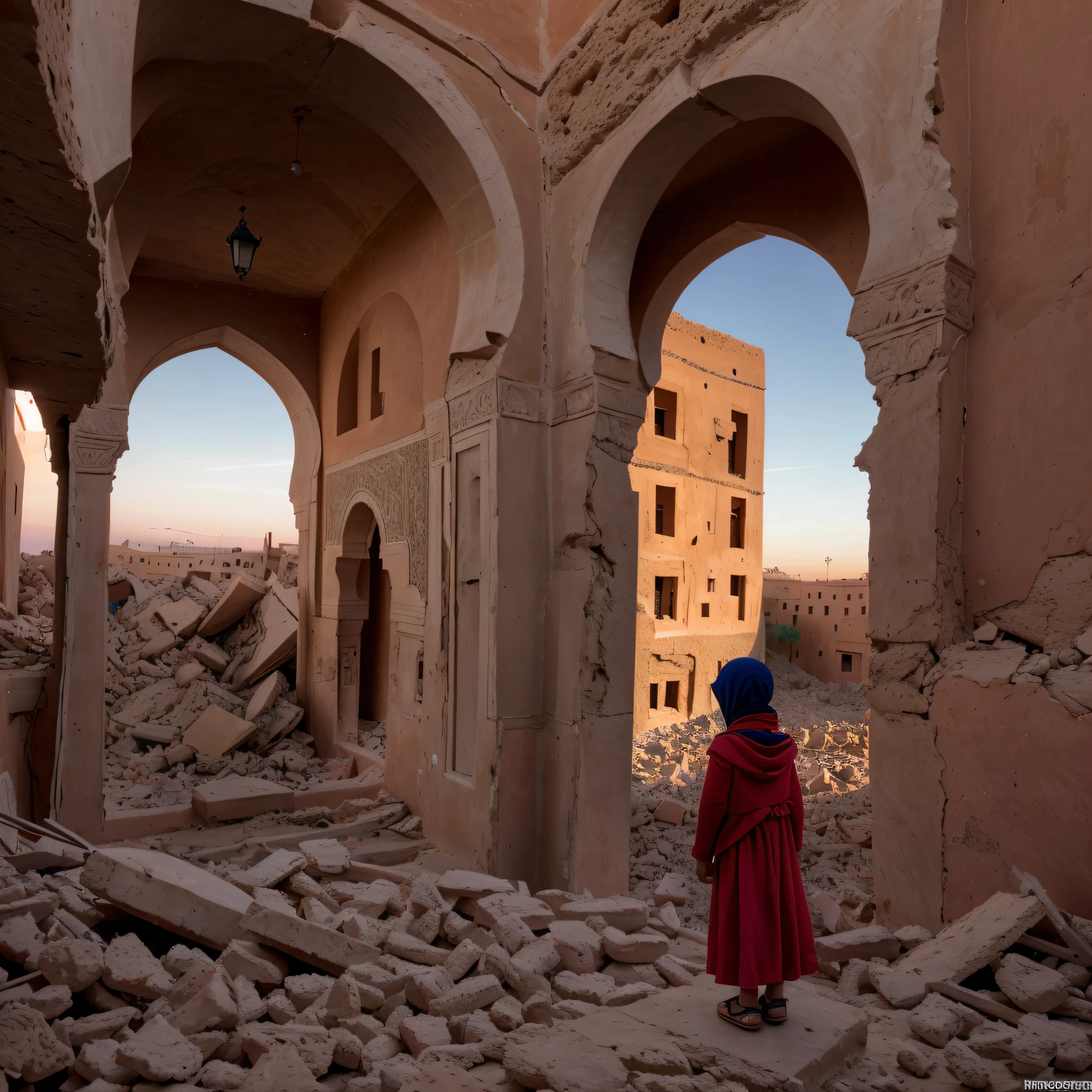 Morocco earthquake, one little girl from behind holding Moroccan flag looking at rubble and destruction, somber, hope, (masterpiece:1.1) (best quality) (detailed) (intricate) (8k) (HDR) (cinematic lighting) (sharp focus:1.1)