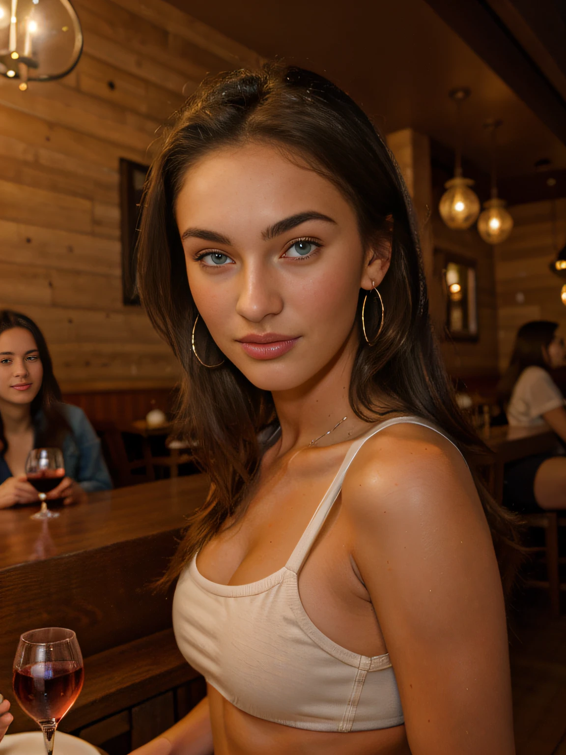 megf, 21 years old, RAW photo, iPhone quality, beautiful girl, photorealistic beautiful face, gorgeous young model, beautiful female model, very pretty model, hyperrealistic teen, beautiful detailed body and face, crop top, at restaurant drinking wine, bright lighting