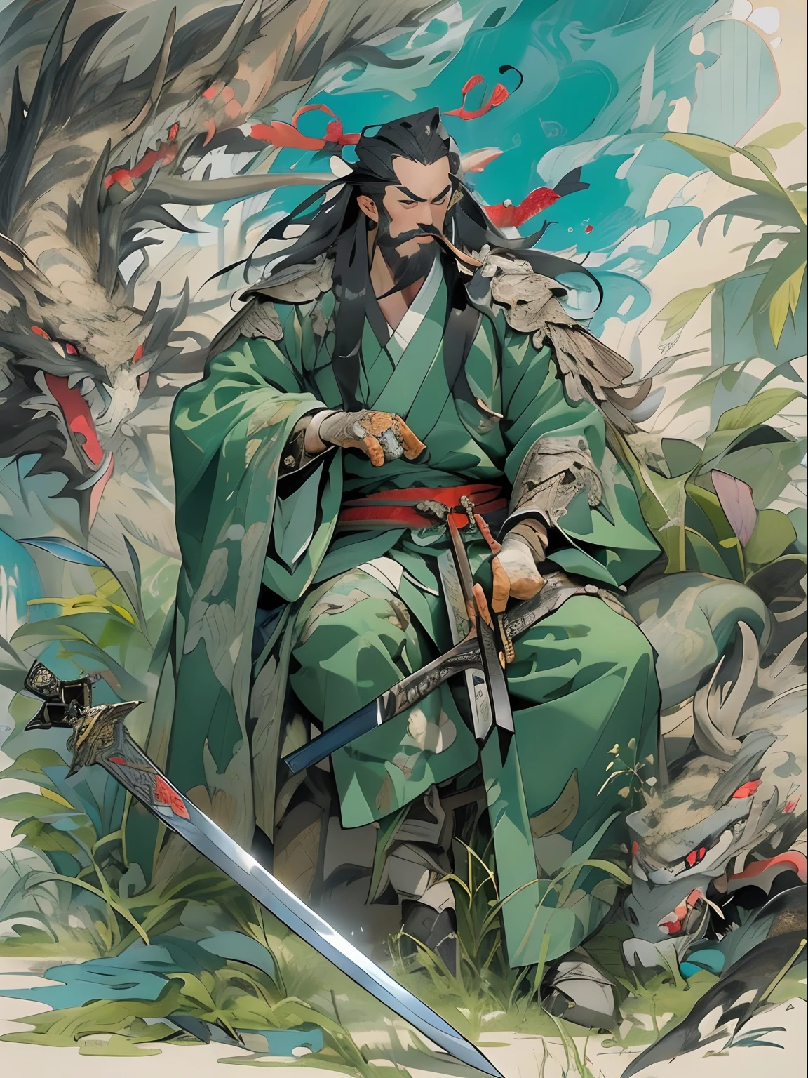 (((China-style,Ink painting method,Half-length portrait,Intense color,Han dynasty, China,Hanfu,Armor,Guan yu,Guan Yunchang,of a guy,Ruddy killing square face,Hold the Blue Dragon Moon Knife in his right hand,Stroke your beard with your left hand,Long hair,petty eyes,Green robe))), (((best qualityer))), (((tmasterpiece))), (((AS-Adult))), ((( Japanese ))), Look up from your knees, Handsome Asian samurai,perfect body figure, Modern samurai, ((( Asian))), Wear gloves on your hands,The left arm is made of steel and metal tips,Made of protective devices, The eyes are pulled, (( Appears below the chest )), (( Small dental floss )), Simon Bisley, Almost naked(Simon Bisley)Castle City Wilderness,For high-resolution posters, hair straight, Minimum clothing, armure (Crazy clothes ), Full of tips and rivets, tribal tattoos, (((full bodyesbian))), Straight brunette hair,Colored hair ends
