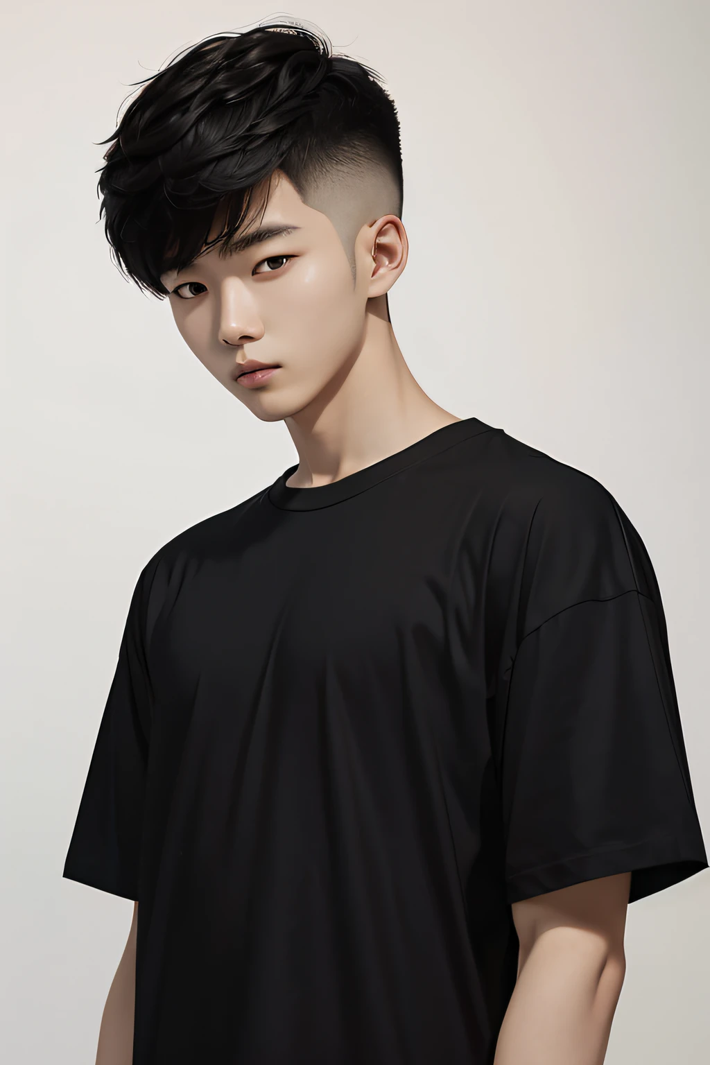 A 20-year-old Korean guy wearing a white cotton T-shirt, corte de cabelo com corte lateral, cabelos pretos, conical side haircut, corte de lobo curto, White background studio, estilo anime, foto de moda, Pose de Stand, camiseta preta oversized, anatomia perfeita, One person, cabelo alto detalhado, Looking at camera, Slim Coreano