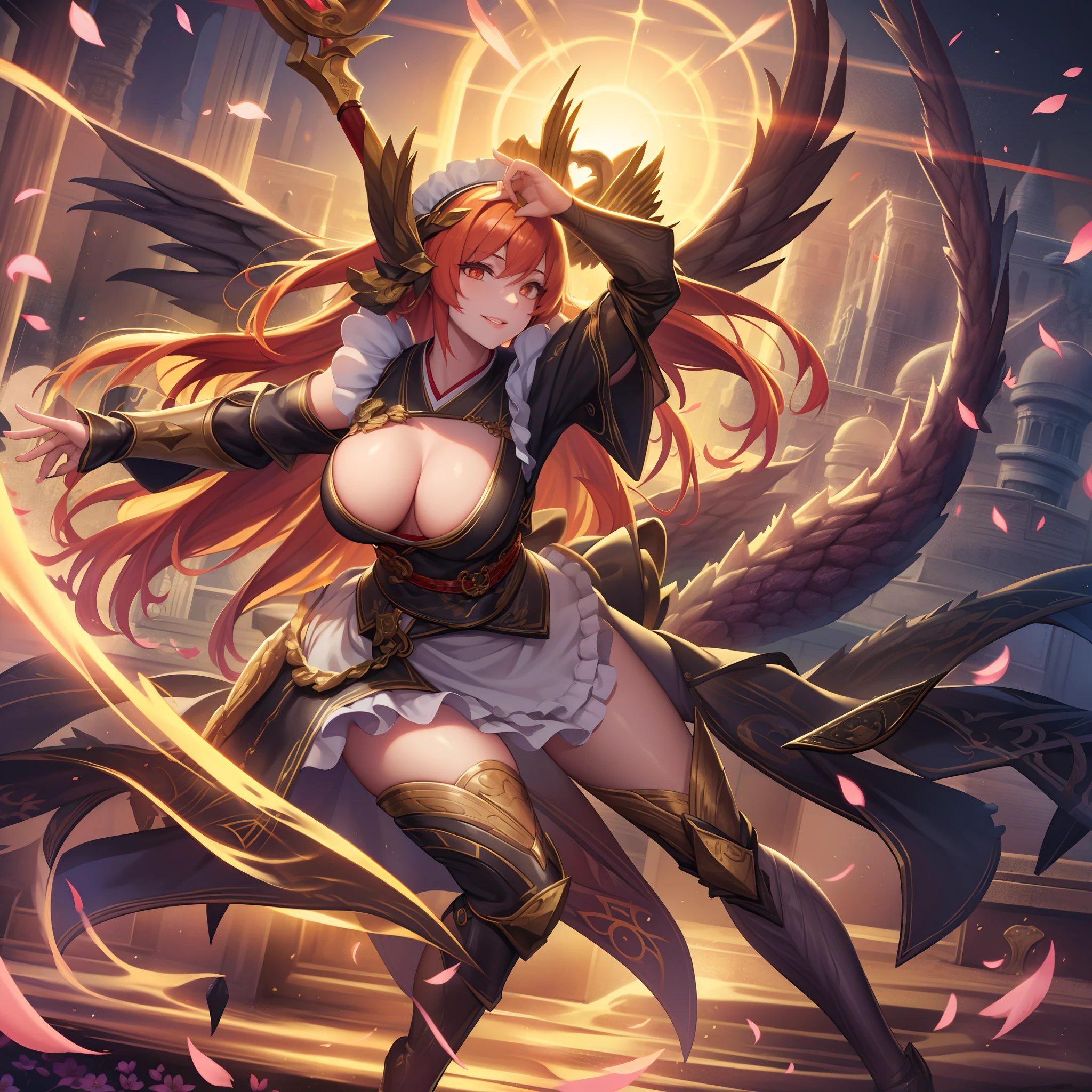 1girl in、nightcity、Sateen、Kimono without sleeves、A dark-haired、Holding a weapon with blood on it、Looking at the camera、Cherry blossoms are dancing,Unusually resistant、red blush、Looks distressed、Pleasant face、shrine maiden、valkyrie、Angel wings、a navel、sideboob barbosa、with an intricate、Particles of light、thighs thighs thighs thighs、shinny skin、Perfect litthing、1girl in、looking at the viewers、Winged headgear、pelvis curtain、A smile、(masterpiece)、(top-quality)、Very gigantic-breasts、maternal、Porcelain Skin、Very long hair、hair wavy、Royal sister,femele,A queen,putting on a crown,There are a lot of golden lightning around,sitting in a throne,Bangs cover the eyes,Black Suspender Socks,Black Lace Top,,High jump,Grab Erlang's leg,,Black Silk Top,married woman,mothers,domineering,smil,The corners of the mouth are raised,Red and gold eyes,Black silk erotic underwear,Black top,Black Silk Gloves,I have a gorse tattoo on my chest and thigh,There are many golden dragon scales on the arms,There are many golden dragon scales on the neck,Bright eye,dragon eyes,Snake's Eye,Upright pupils,There are golden stripes on the clothes,There is a golden pattern on the clothes,The socks have a golden pattern,tall figure,Expose the outside of the chest,Twisted blade hanging over the shoulder,Larger breasts ,With elongated dragon horns,Giant Golden Dragon Wings,Giant Golden Dragon Wings,Huge golden dragon wings as big as a body,The body is covered with huge golden dragon wings,golden pupils,Just a pair of wings,large wings,The biggest dragon wings,The biggest dragon wings,There are golden scales on the neck,Fingers are golden dragon claws,The elongated tail of the golden dragon、1girl in、nightcity、Sateen、Kimono without sleeves、A dark-haired、Holding a weapon with blood on it、Looking at the camera、Cherry blossoms are dancing,Strong best quality, (Extremely detailed: 1.5), masutepiece, 超A high resolution,(photographrealistic:1.4), 1 beautiful girl, Cowboy Shot, (Wear battle armor:1.4), (Wear battle ar