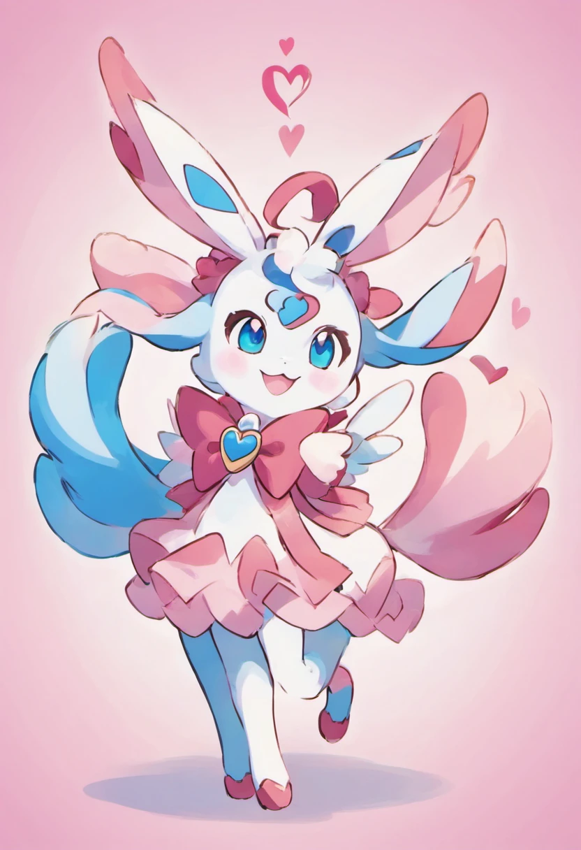 Sylveon.four legs.bright and cheerful smile.Blue eyes、Heart Ribbon