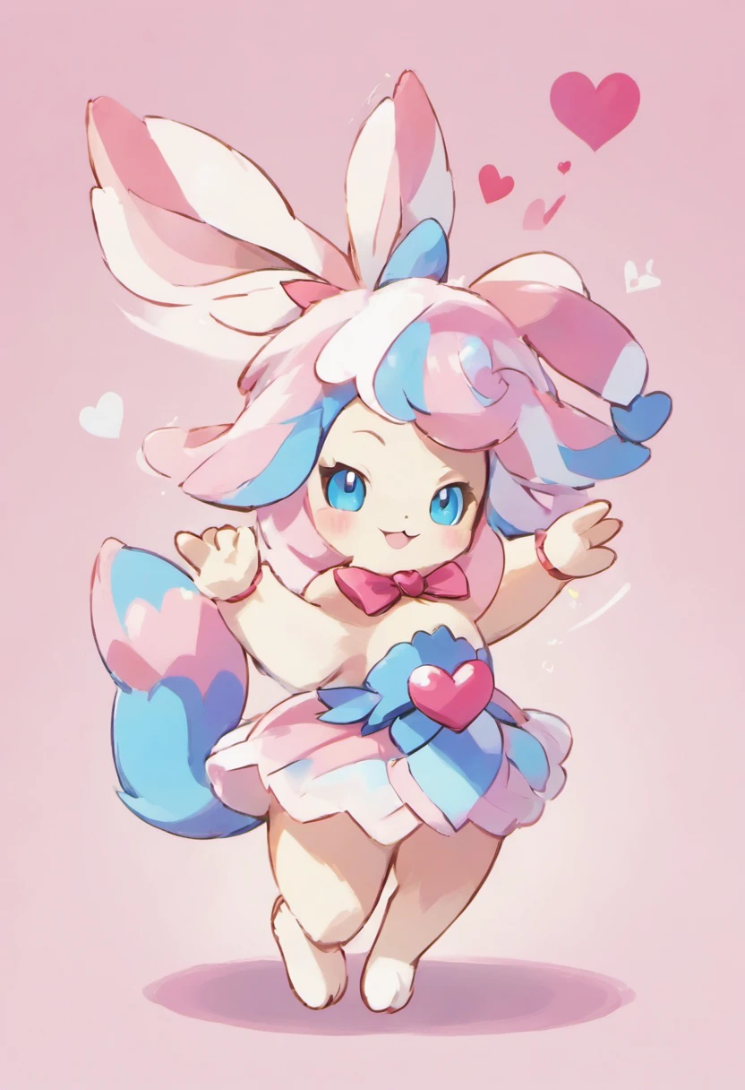 Sylveon.four legs.bright and cheerful smile.Blue eyes、Heart Ribbon