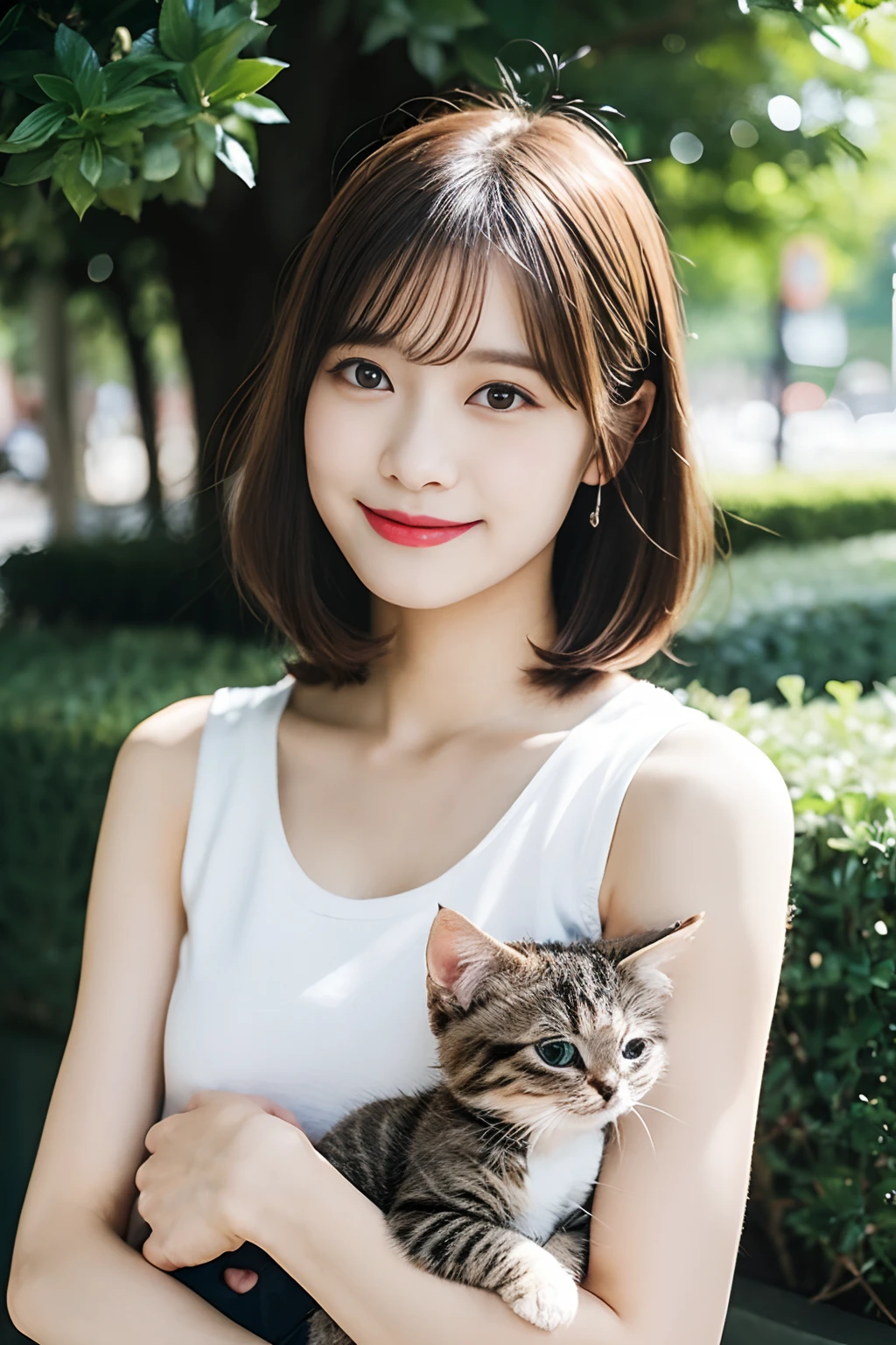 Beautiful Japan idol girl、Gently hold the kitten on the chest、short hair of brown and burgundy two-tone color,Smiling mischievously with sparkling eyes、Little round face girl、Sitting in the sunlit garden、White tank top with emphasis on the chest and cargo pants.8th class、Beautiful hands、Beautiful Finger、ultra-realistic full body photos、Master masterpiece、