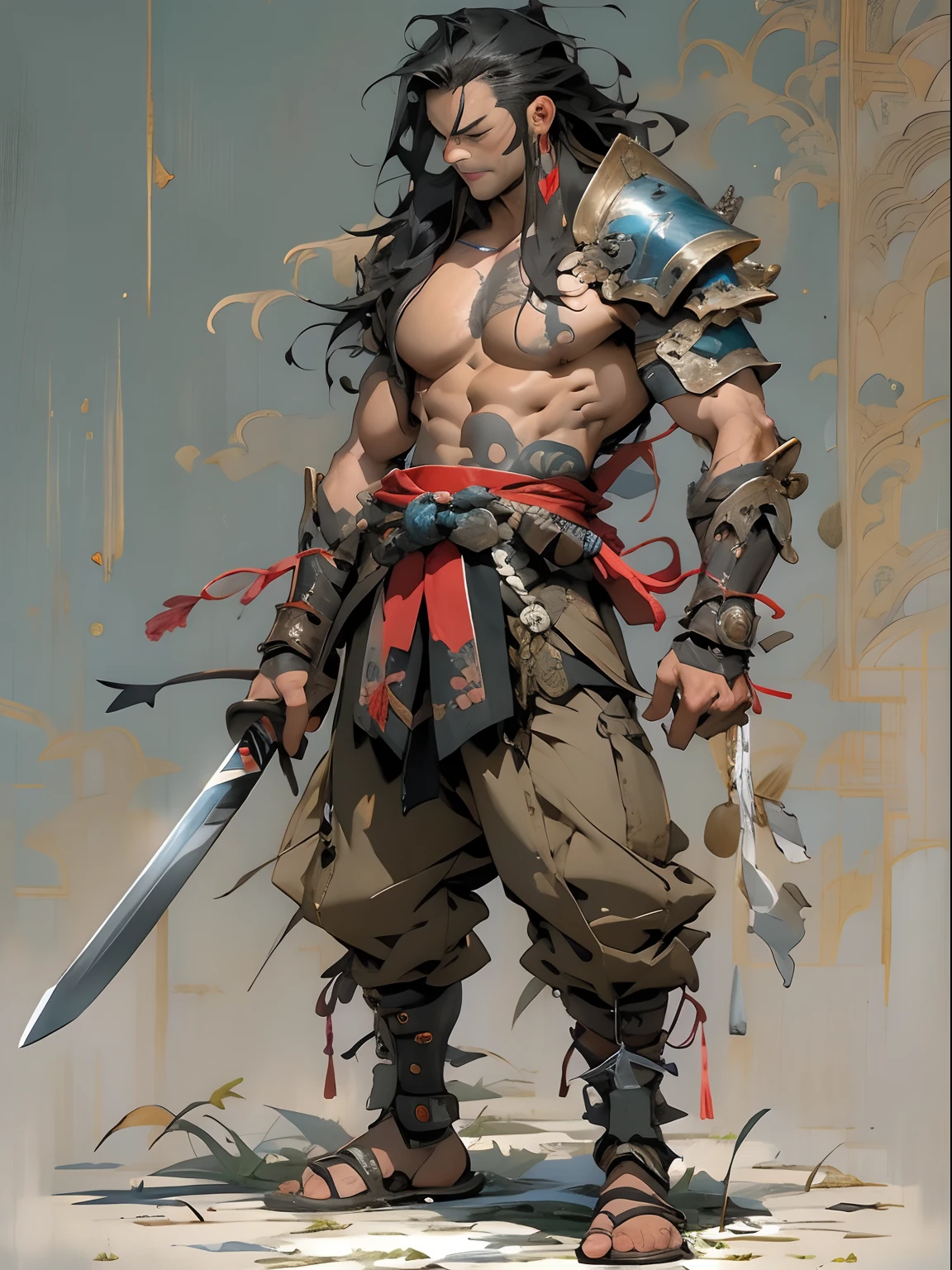 (((mtu))), (((best qualityer))), (((tmasterpiece))), (((AS-Adult))), ((( Japanese ))), Look up from your knees, Handsome Asian samurai,perfect body figure, Modern samurai, ((( Asian))), Wear gloves on your hands,The left arm is made of steel and metal tips,Made of protective devices, The eyes are pulled, (( Appears below the chest )), (( Small dental floss )), Simon Bisley, Almost naked(Simon Bisley)Castle City Wilderness,For high-resolution posters, hair straight, Minimum clothing, armure (Crazy clothes ), Full of tips and rivets, tribal tattoos, (((full bodyesbian))), Straight brunette hair,Colored hair ends