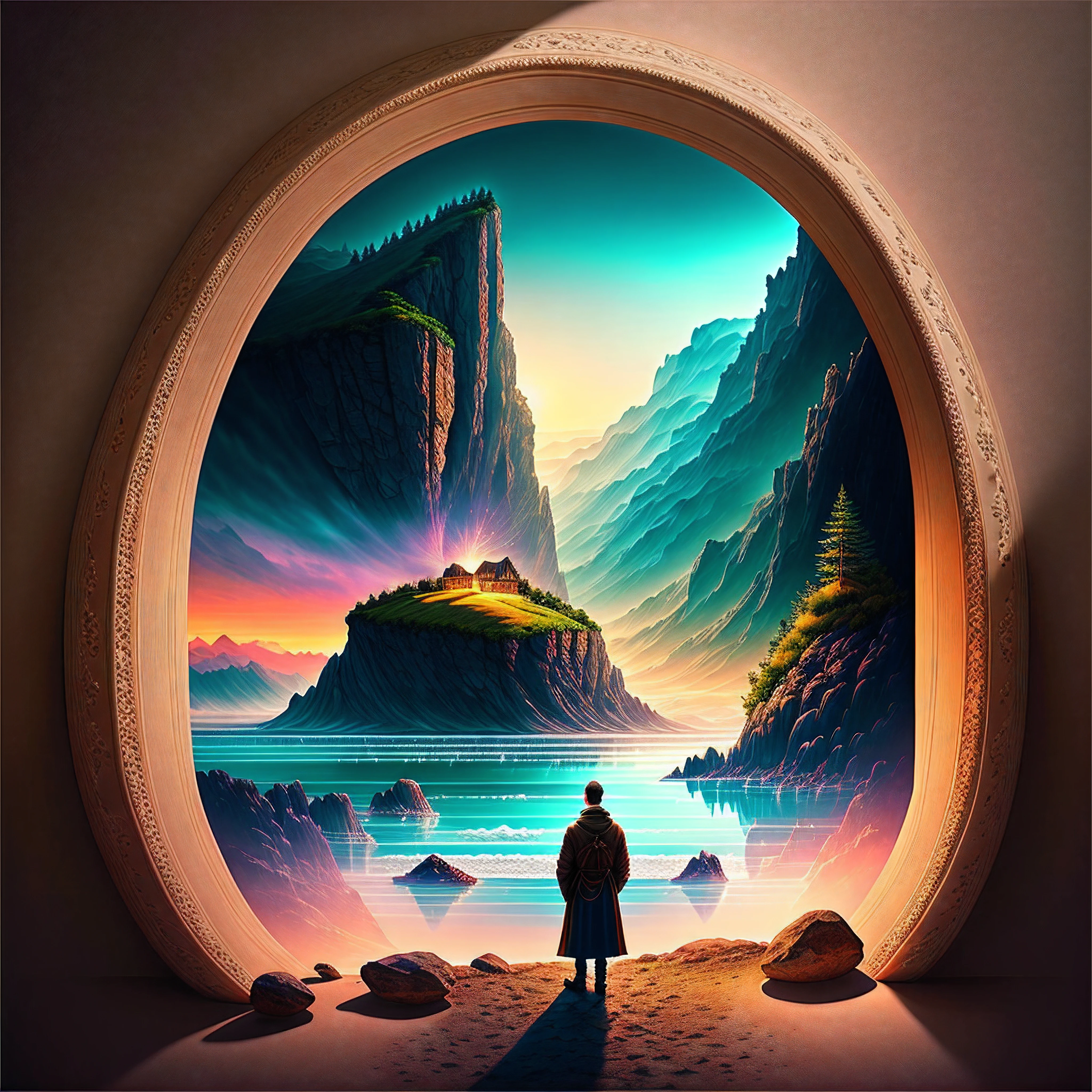 Craft a mesmerizing scene that deeply connects with the viewer, evoking a range of emotions and leaving an indelible impact without relying on words. Use a vibrant and contrasting color palette to intensify the visual impact. Depict a solitary figure standing at the edge of a breathtaking cliff, overlooking a vast and awe-inspiring landscape. Let the figure's posture and facial expression convey a mixture of awe, contemplation, and a hint of melancholy. Surround the scene with elements of nature, such as swirling clouds, distant mountains, or a cascading waterfall, to enhance the immersive experience. Infuse the atmosphere with a touch of magic or mystery, perhaps through subtle glowing orbs or ethereal light. Allow the composition and details of the scene to captivate the viewer and invite them on an emotional journey that lingers in their thoughts long after they've seen the artwork., intricate, masterpiece, expert, insanely detailed, 4k, composition, centered, intricate, volumetric lighting, beautiful, sharp focus, ultra detailed