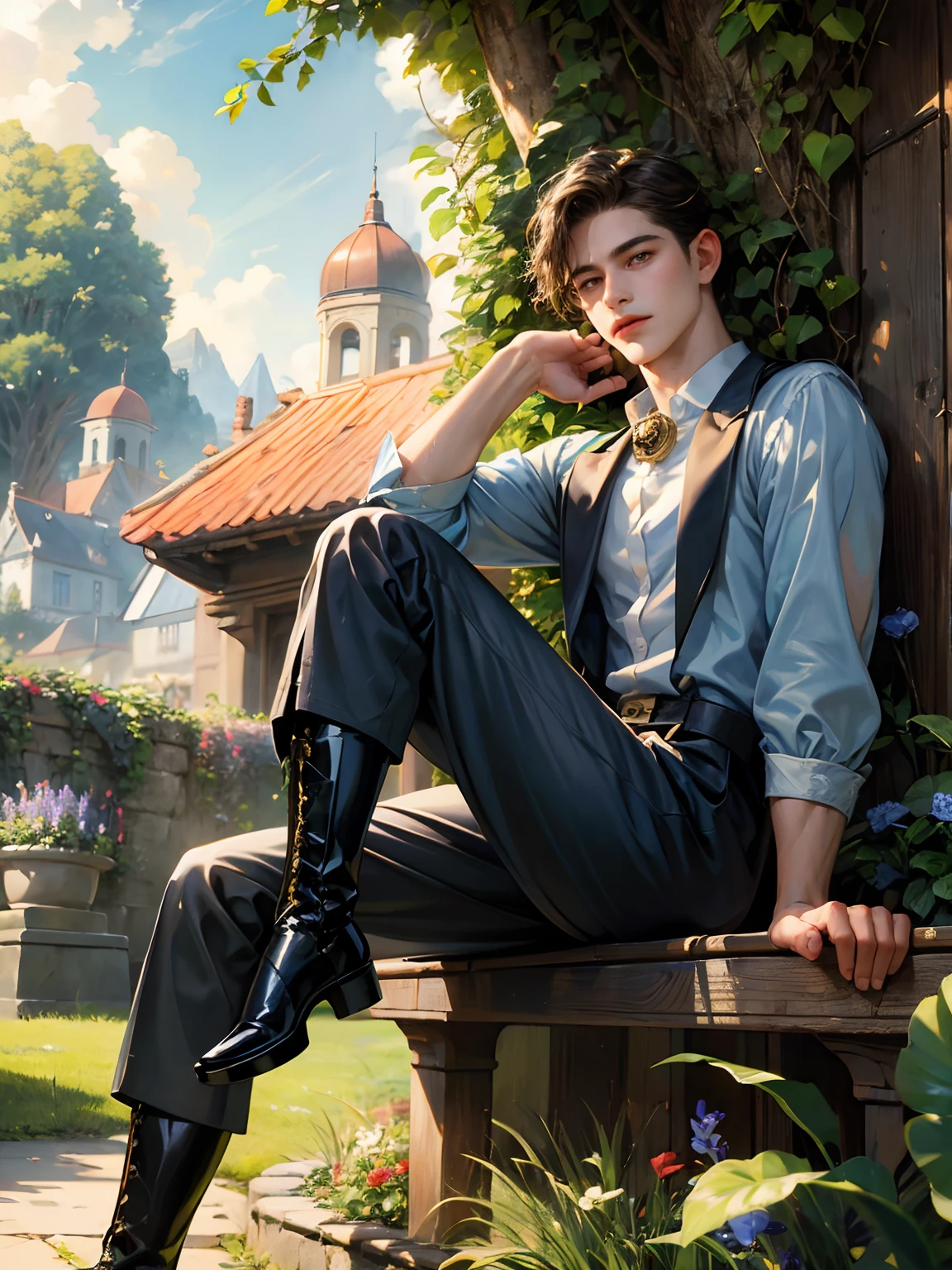 (absurdres, highres, ultra detailed, HDR), masterpiece, best quality, Hufflepuff male, A young man with plant, portrait of a boy, handsome boy elazul, jumi race, detailed face,  in a legend of mana town, domina, gardener, handsome adventurer, professional photo, rpg style man detailed torso, sitting comfortably while legs spread, (puffy(from below:1.1)), eyes on viewer,young boy 18 years old, handsome boy, detailed background, Brown hair, middle hair part hairstyle, soft handsome boy feature. garden background.