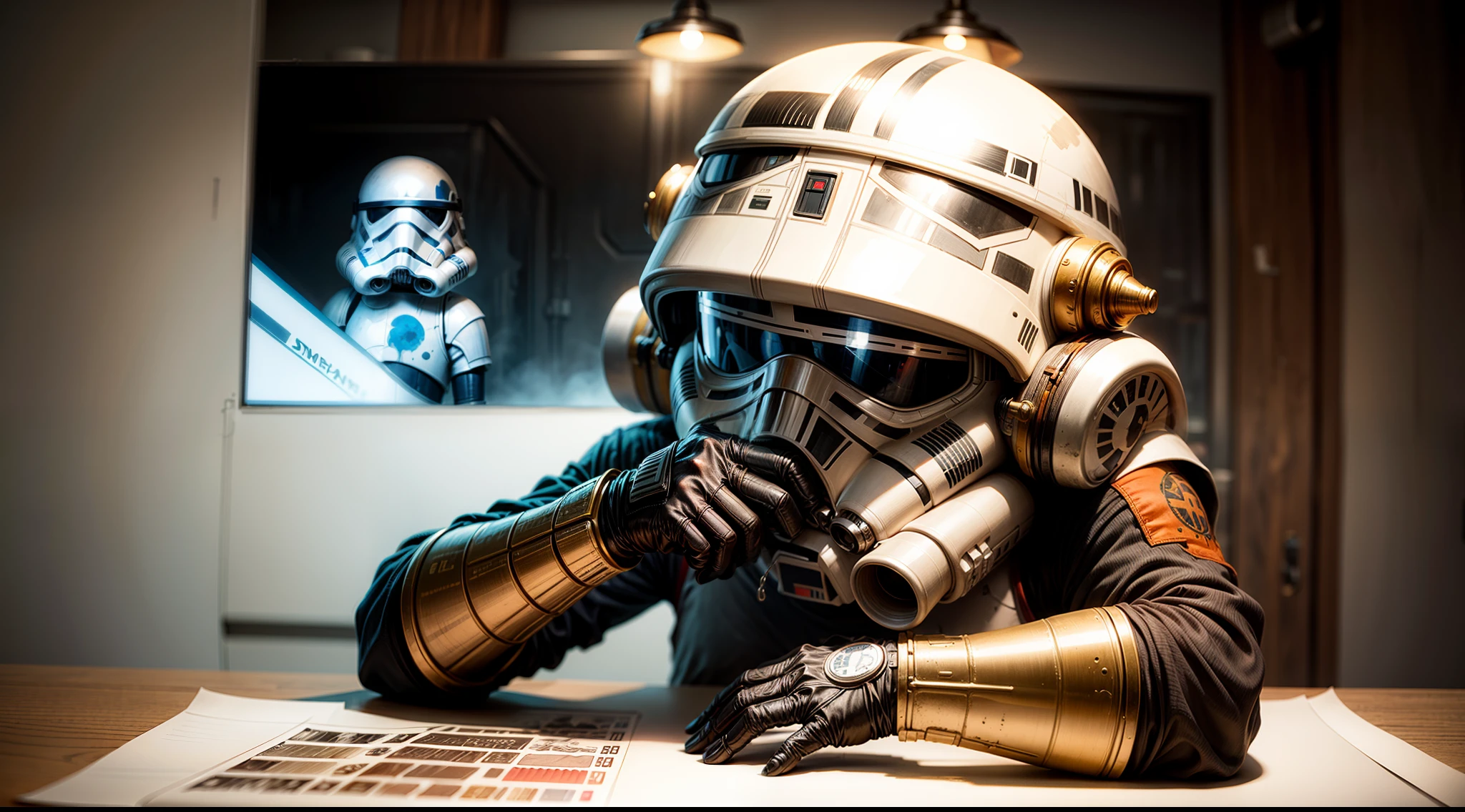 Watercolor, starwars ,stormtroper, Elmet, design likes calavera, tatoo, ink print, 8k,half Elmet broken