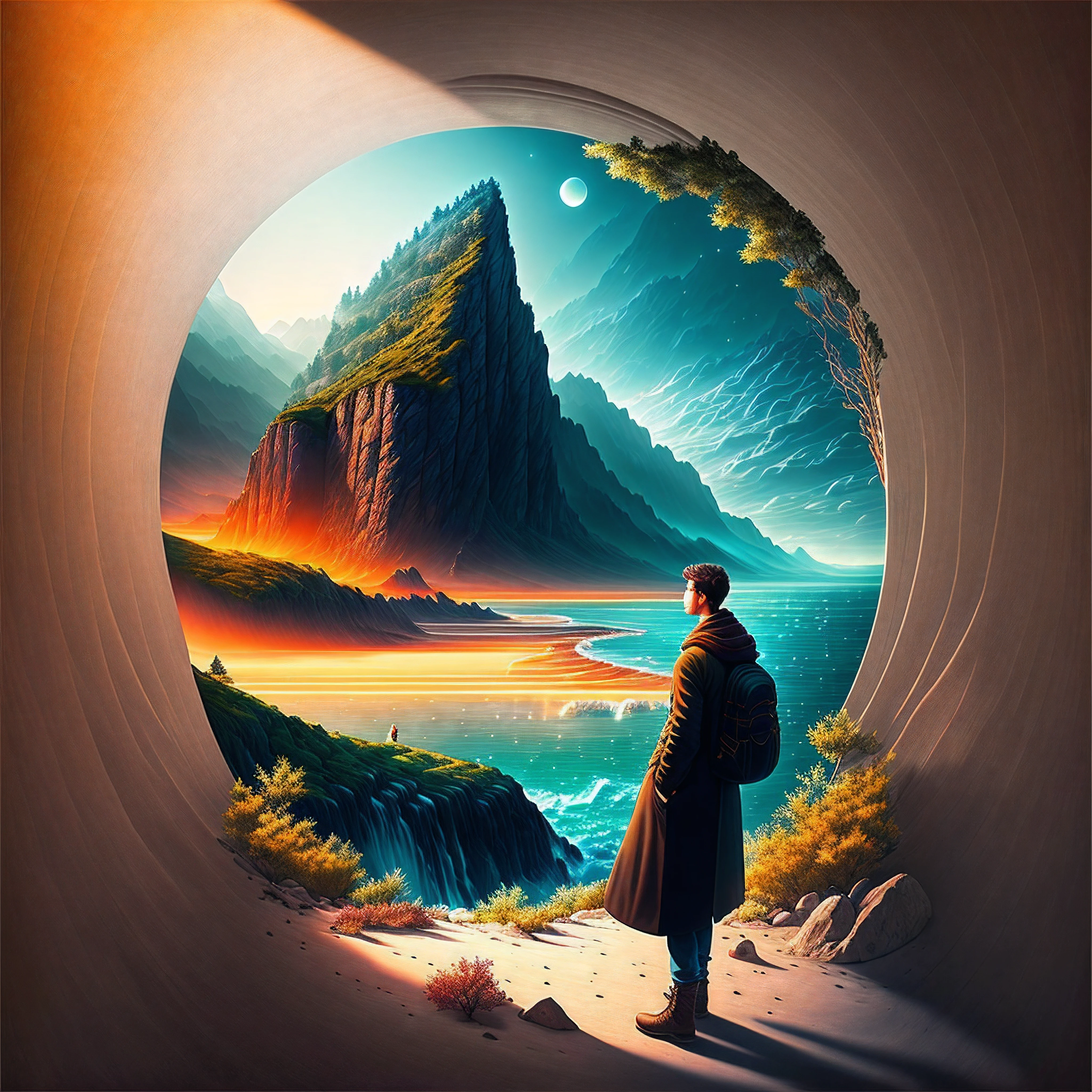 Craft a mesmerizing scene that deeply connects with the viewer, evoking a range of emotions and leaving an indelible impact without relying on words. Use a vibrant and contrasting color palette to intensify the visual impact. Depict a solitary figure standing at the edge of a breathtaking cliff, overlooking a vast and awe-inspiring landscape. Let the figure's posture and facial expression convey a mixture of awe, contemplation, and a hint of melancholy. Surround the scene with elements of nature, such as swirling clouds, distant mountains, or a cascading waterfall, to enhance the immersive experience. Infuse the atmosphere with a touch of magic or mystery, perhaps through subtle glowing orbs or ethereal light. Allow the composition and details of the scene to captivate the viewer and invite them on an emotional journey that lingers in their thoughts long after they've seen the artwork., intricate, masterpiece, expert, insanely detailed, 4k, composition, centered, intricate, volumetric lighting, beautiful, sharp focus, ultra detailed