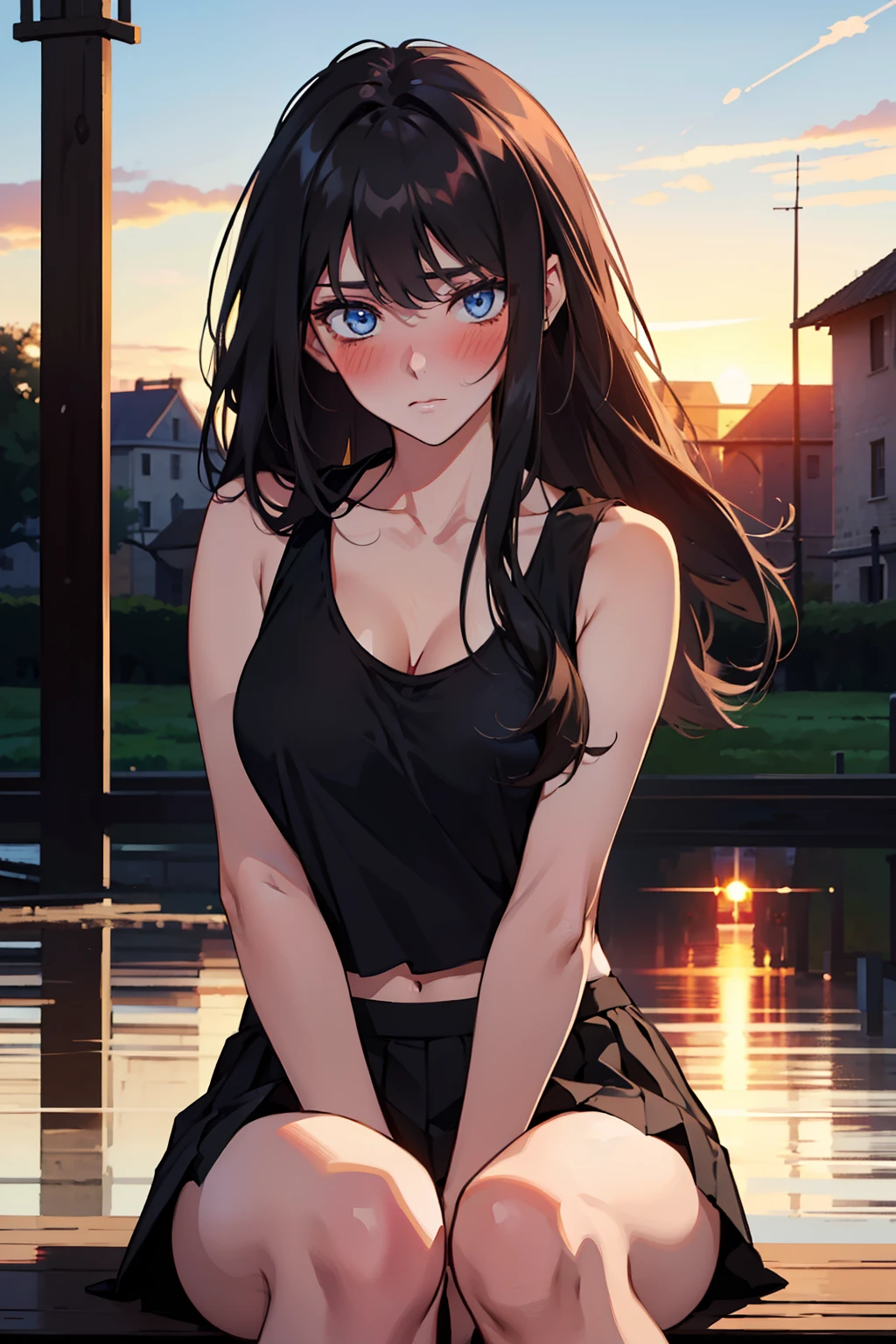 ((one girl)), dark blue eyes, long hair, A beautiful girl is sitting on a bench, 25 years old, masterpiece, highest quality, (((black tank top))) , (((white mini skirt))), big breasts, portrait, (high quality :1.5), black hair, (((blushing))), Tall body, outdoors, (((medieval era, village))), ((high resolution)), ((sunset in the back)), mature face, ((she loves you)), ((hands between legs but hands not visible)), (((legs closed)))