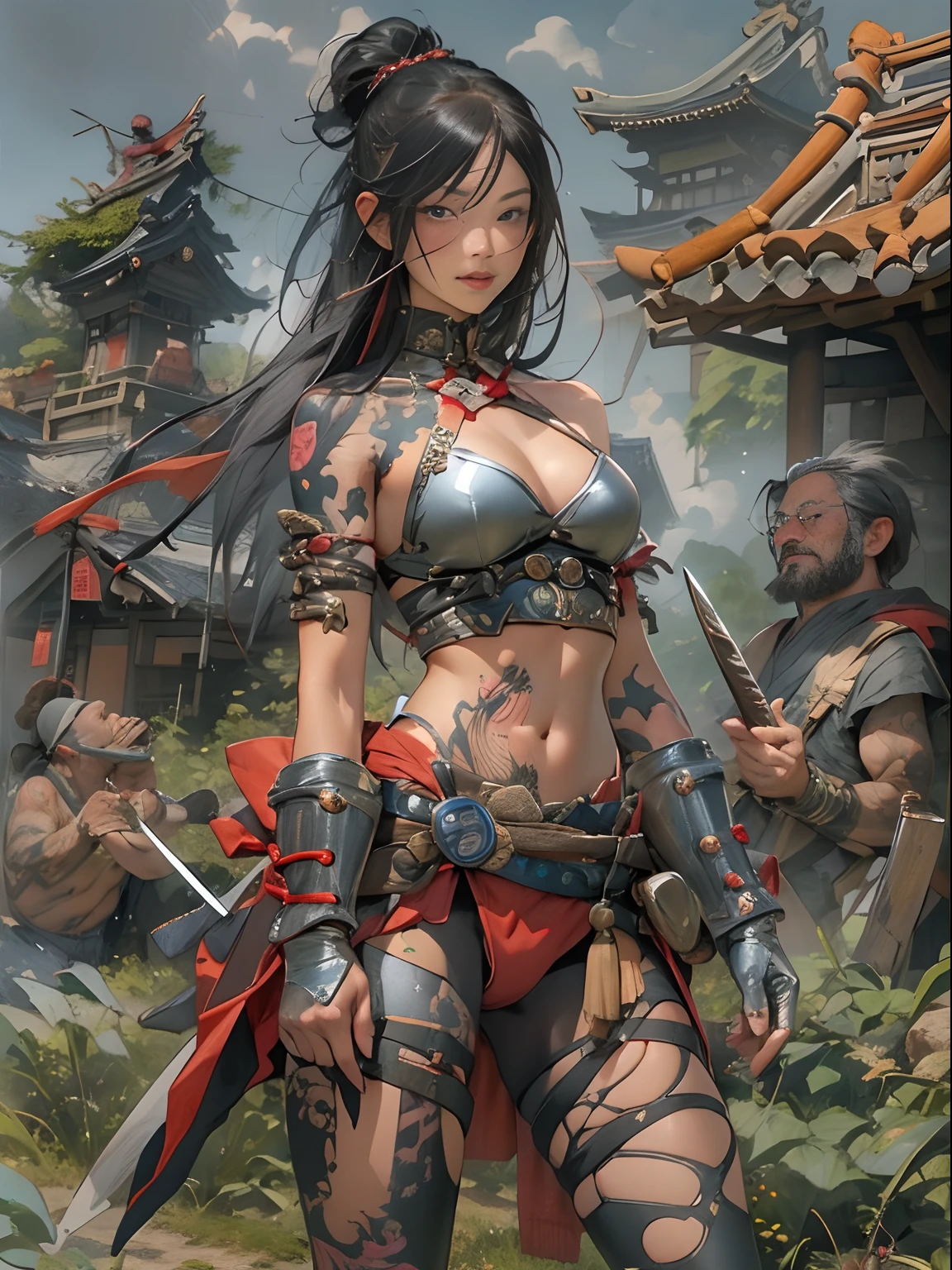 (((woman))), (((best qualityer))), (((tmasterpiece))), (((AS-Adult))), ((( Japanese ))), Look up from your knees, A beautiful asian samurai woman with perfect body, Modern samurai, ((( Asian))), Wear gloves on your hands,The left arm is made of steel and metal tips,Made of protective devices, The eyes are pulled, (( Appears below the breast )), (( Small dental floss )), Simon Bisley, Almost naked(Simon Bisley)Castle City Wilderness,For high-resolution posters, hair straight, Minimum clothing, armure (Crazy clothes ), Full of tips and rivets, tribal tattoos, (((full bodyesbian))), Straight brunette hair,Colored hair ends