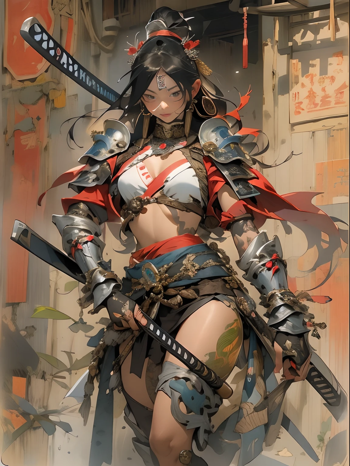(((woman))), (((best qualityer))), (((tmasterpiece))), (((AS-Adult))), ((( Japanese ))), Look up from your knees, A beautiful asian samurai woman with perfect body, Modern samurai, ((( Asian))), Wear gloves on your hands,The left arm is made of steel and metal tips,Made of protective devices, The eyes are pulled, (( Appears below the breast )), (( Small dental floss )), Simon Bisley, Almost naked(Simon Bisley)Castle City Wilderness,For high-resolution posters, hair straight, Minimum clothing, armure (Crazy clothes ), Full of tips and rivets, tribal tattoos, (((full bodyesbian))), Straight brunette hair,Colored hair ends