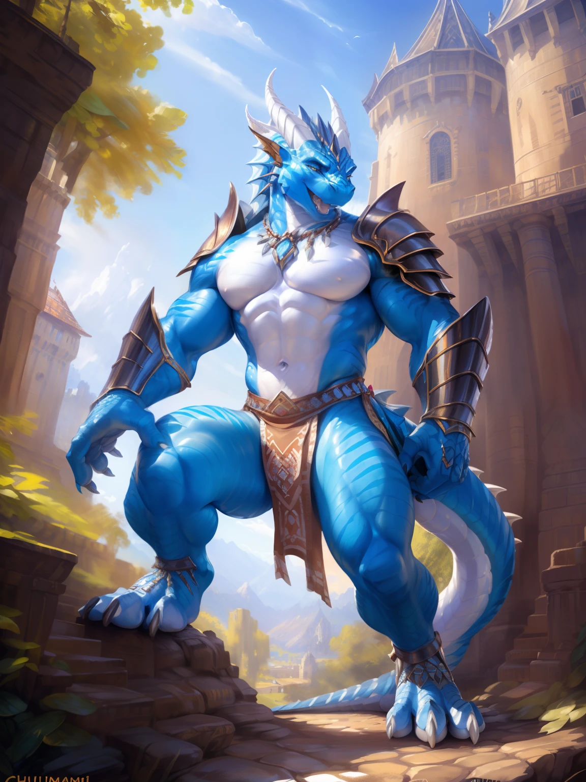 uploaded on e621, (male anthro dragon), standing, solo, muscle, detailed scale texture, old castle, (battlefield), (tribal clothing, ((long loincloth))), (shoulder armor, leg armor), (blue body, white belly), (art by chunie, (drakgem), ((rakisha)), (kontanagamori)), (front view), looking pleasured, [simple background], detailed pupils, masterpiece artwork, caustics, rim lighting, single light source, sharp shadows, solo portrait, (digitigrade), (kemono), by inessa garmash, greg rutkowski, pino daeni, ruan jia, (light particles), rose petals, 2 wings, horn