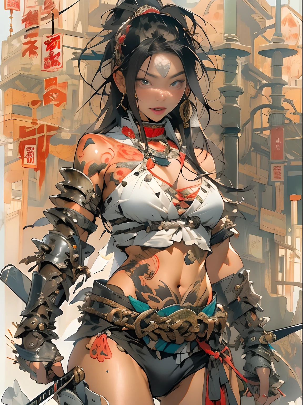 (((woman))), (((best qualityer))), (((tmasterpiece))), (((AS-Adult))), ((( Japanese ))), Look up from your knees, A beautiful asian samurai woman with perfect body, Modern samurai, ((( Asian))), Wear gloves on your hands，The left arm is made of steel and metal tips，Made of protective devices, The eyes are pulled, (( Appears below the breast )), (( Small dental floss )), Simon Bisley, Almost naked（Simon Bisley）Castle City Wilderness，For high-resolution posters, hair straight, Minimum clothing, armure (Crazy clothes ), Full of tips and rivets, tribal tattoos, (((full bodyesbian))), Straight brunette hair，Colored hair ends