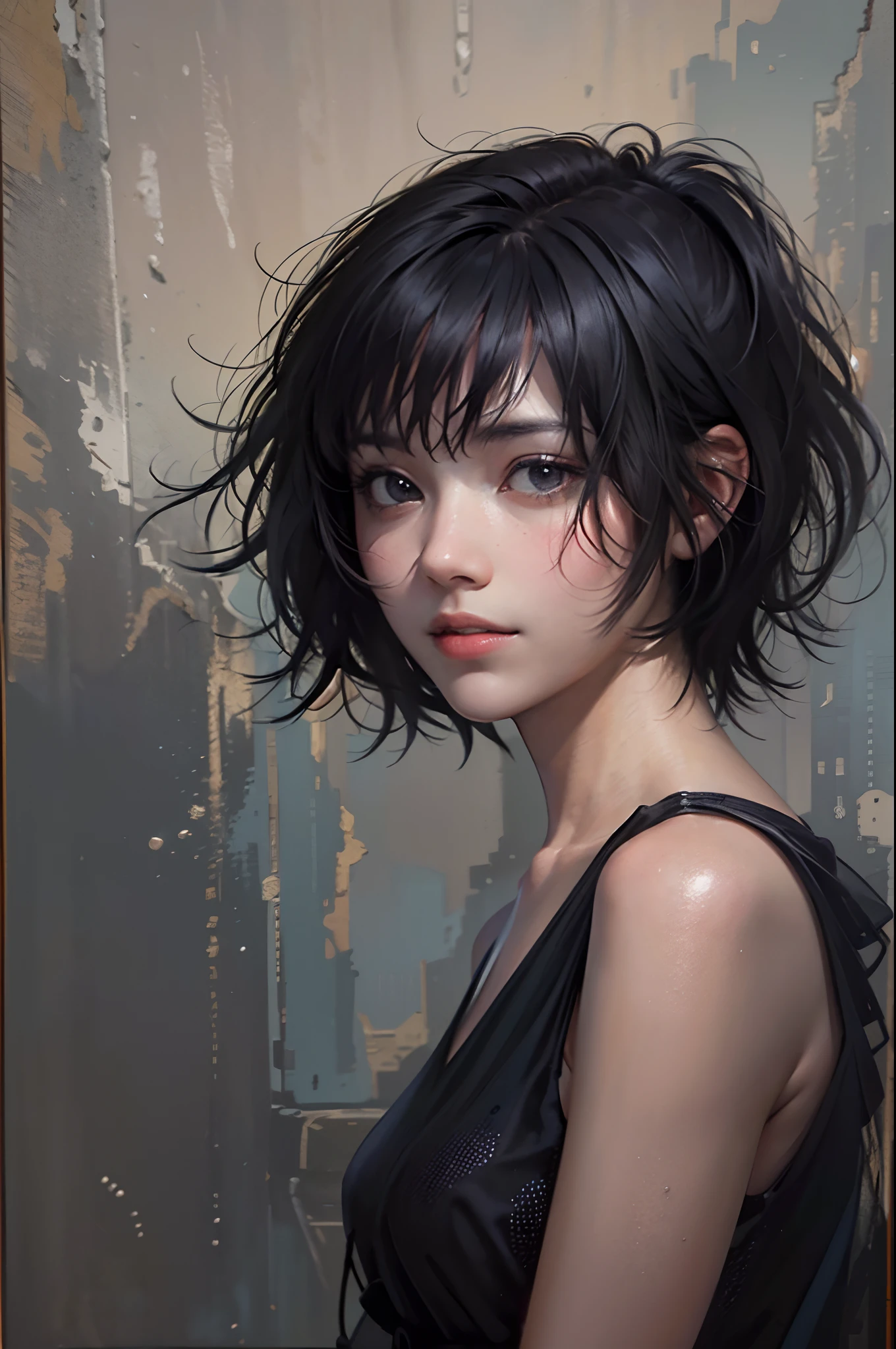 A painting of a woman with a black hair and a black dress - SeaArt AI