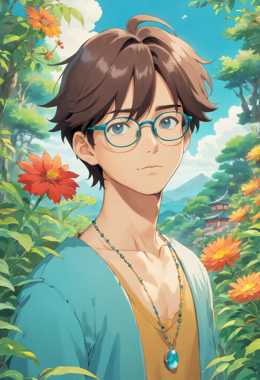 a boy wearing glasses, Full body, long necklace and earrings, with a calm garden landscape style, colorful animated stills, masami teraoka, aquamarine, paul gauguin, Embry style, honest depiction