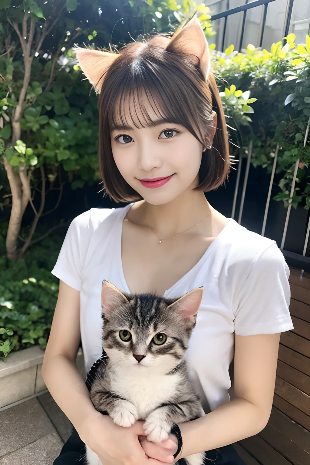Beautiful Japan idol girl、Gently hold the kitten on the chest、short hair of brown and burgundy two-tone color,、Small cat ears、Smiling mischievously with sparkling eyes、Little round face girl、Sitting in the sunlit garden、Steampunk monarch with emphasis on the chest.8th class、Beautiful hands、Beautiful Finger、ultra-realistic full body photos、Master masterpiece、