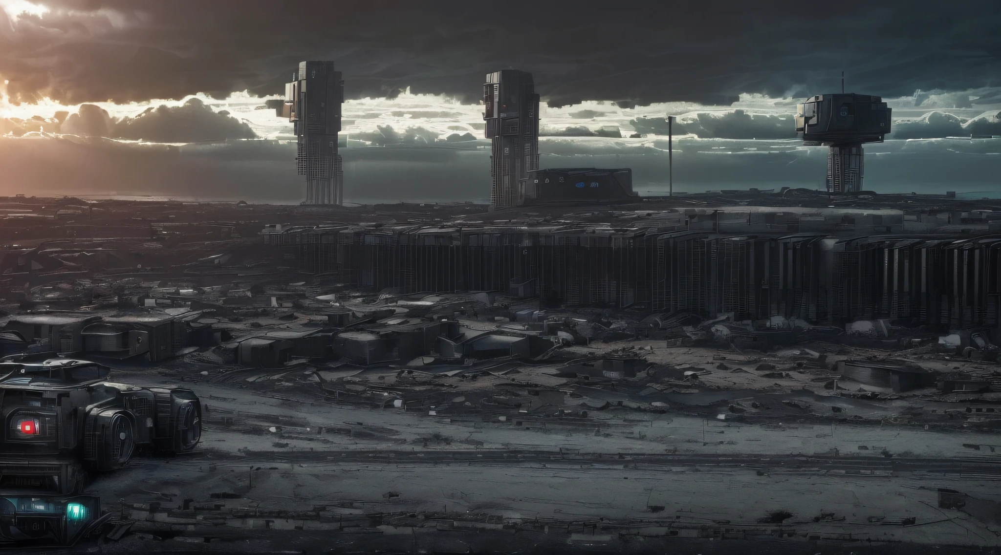 ((("A chilling and dramatic scene of a dystopian world dominated by AI, with machines and robots ruling over the remnants of humanity,")) ((("Realistic Photograph, Dystopian Landscape, AI Domination, Wide Shot, 35mm Lens, High Resolution, Ominous Lighting")))