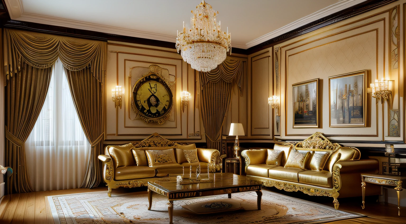 there is a living room with a clock on the wall, interior living room, asian interior decoration, colonial style, neo - classical style, highly detailed interior, elegant and extremely ornamental, living room interior design, living room, rendered in 3 dsmax, elegant and ornate, ornate retreat, interior design living room, 1 9 2 0 s room, art deco interior