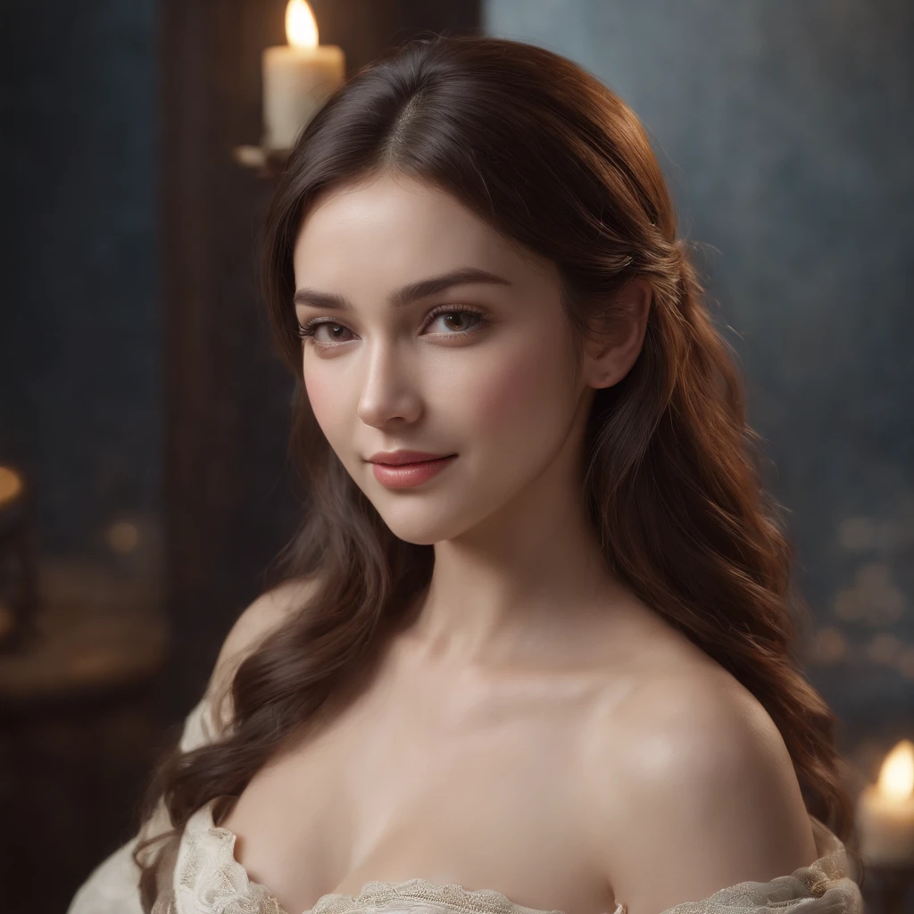 (professional 3d render:1.3) af (Realistic:1.3) most beautiful artwork photo in the world, long brown wavy hair, mature age, girl, pretty face, beautiful black eyes, smile virgin, big rounded moist buttocks, real skin, nude, dip into ancient bathtub, candle light, very dark lighting, Highly detailed and complex, heavyshading, Detailed, Detailed face, (noble, photograph realistic, Realistic, Dramatic, Dark, Sharp focus, 8K), Digital painting, rendering by octane, art stations, concept-art, smooth, Sharp focus, Art germ, (loish:0.23), alphonse mucha gracias, (Global illumination, Studio light, volumettic light), ((Dark and ancient castle background:1.3)),CGSesociety,art stations, from behind view