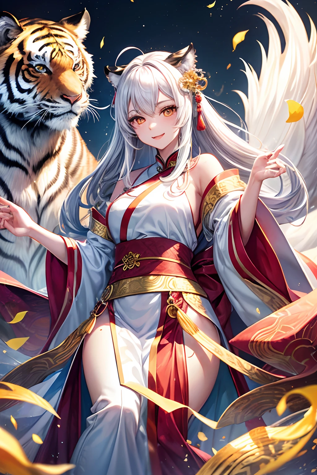 (Splash Art), (masutepiece ,Best Quality:1.2), 1girl in,Accompanied by a tiger、  Detailed face, Smile strongly、 White hair, colourfull, Stunning Chinese Hanfu wedding cape, Tiger ears、 Large-scale muralists, manticore, Tiger and White Tiger, Gold-sprinkled background