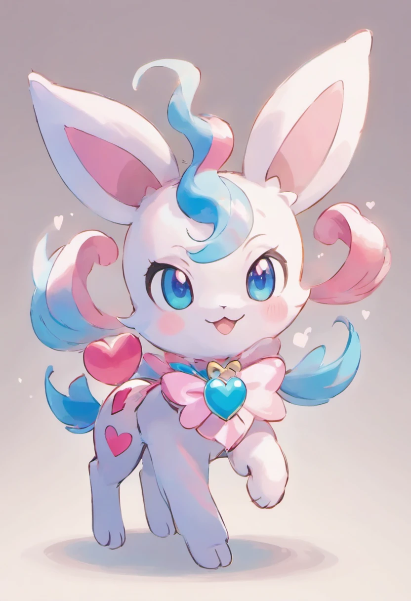 Sylveon.four legs.bright and cheerful smile.Blue eyes、Heart Ribbon.quadrupedal walking