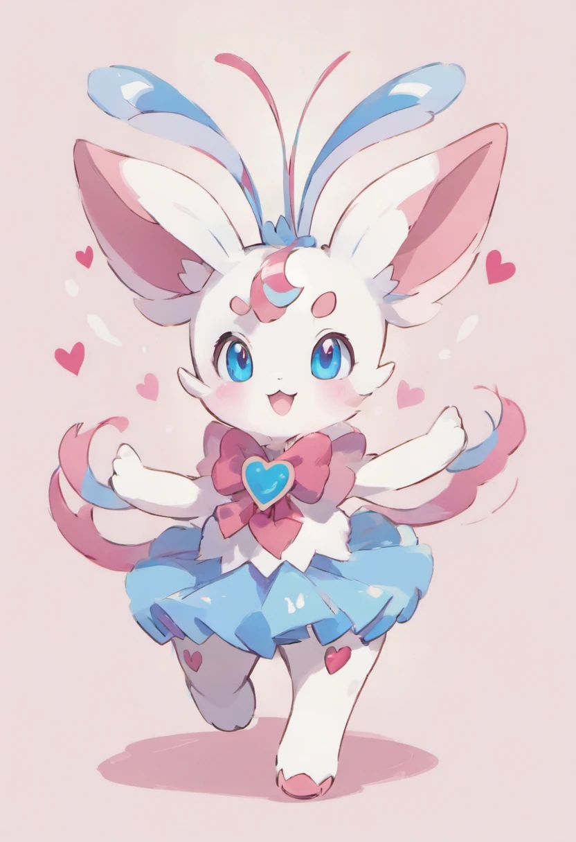 Sylveon.four legs.bright and cheerful smile.Blue eyes、Heart Ribbon.quadrupedal walking