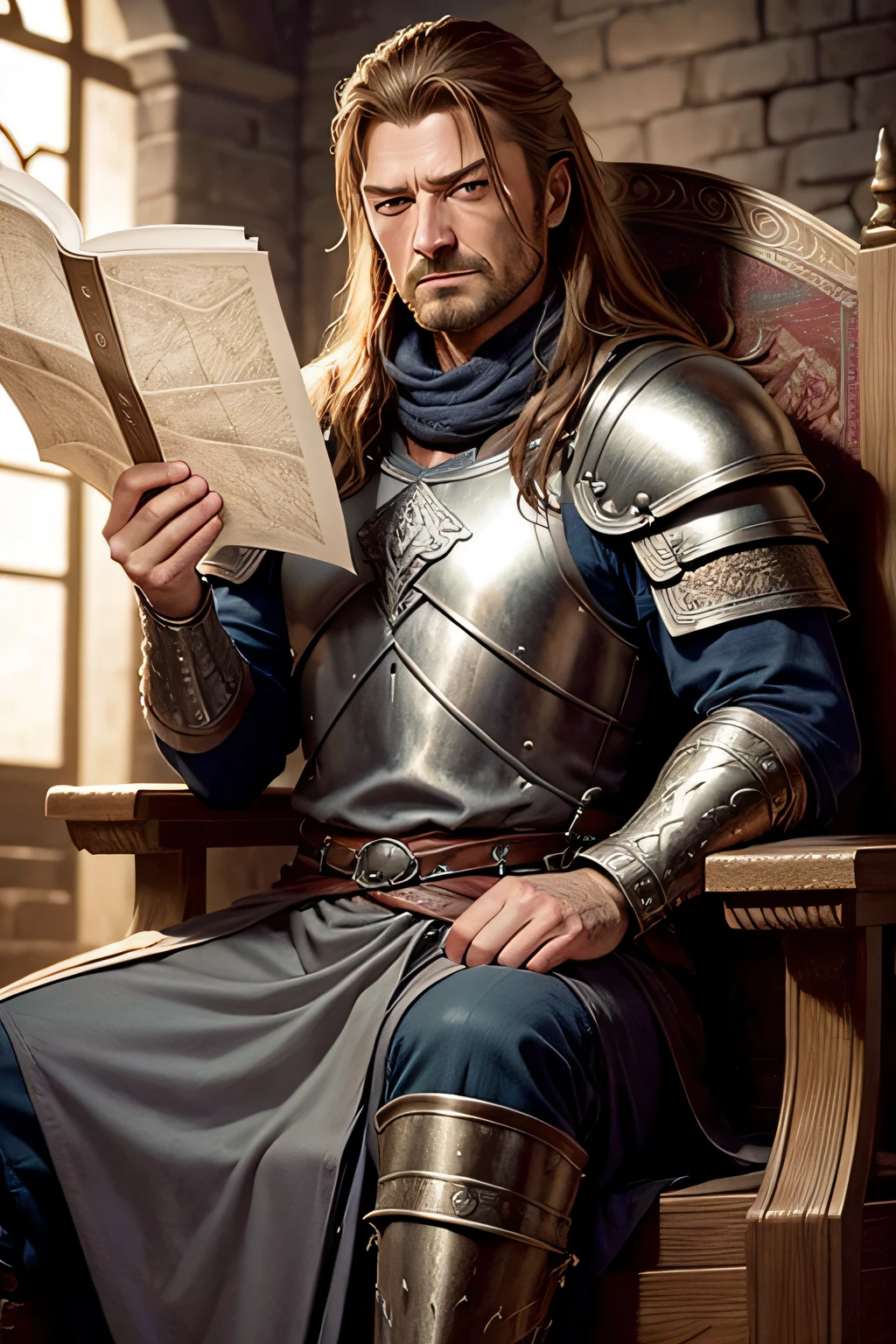 Eddard Stark looks at a map of Westeros, A hyper-realistic, super detailed, beutiful, muscular, Moroccan armor, Super realistic, super detailed, Armor dress, gloweyes, sitting on his great legendary throne