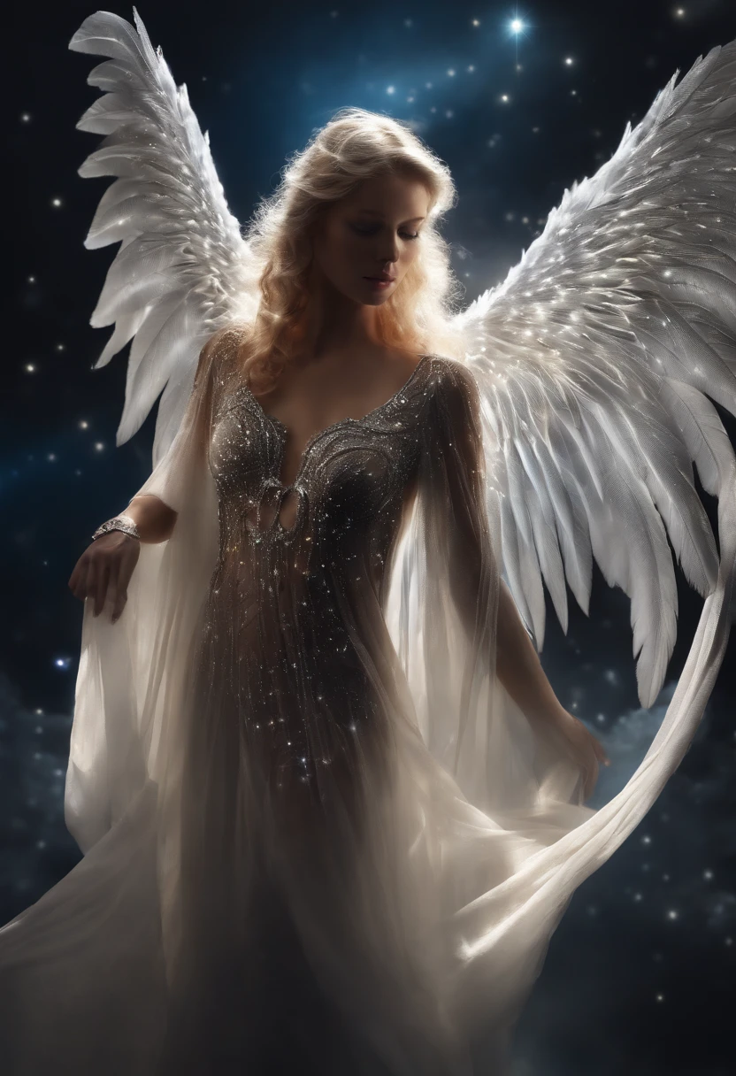 mulher branca, cabelo longo, cabelo totalmente branco, cabelo muito liso, White Cosmic Fallen Angel, olhos claros brilhantes, Biomechanicals, estranho, assustador, Pesadelo, cores muito brilhantes, light particles, com luz brilhante, Mshiff, Arte do papel de parede, Papel de parede UHD
