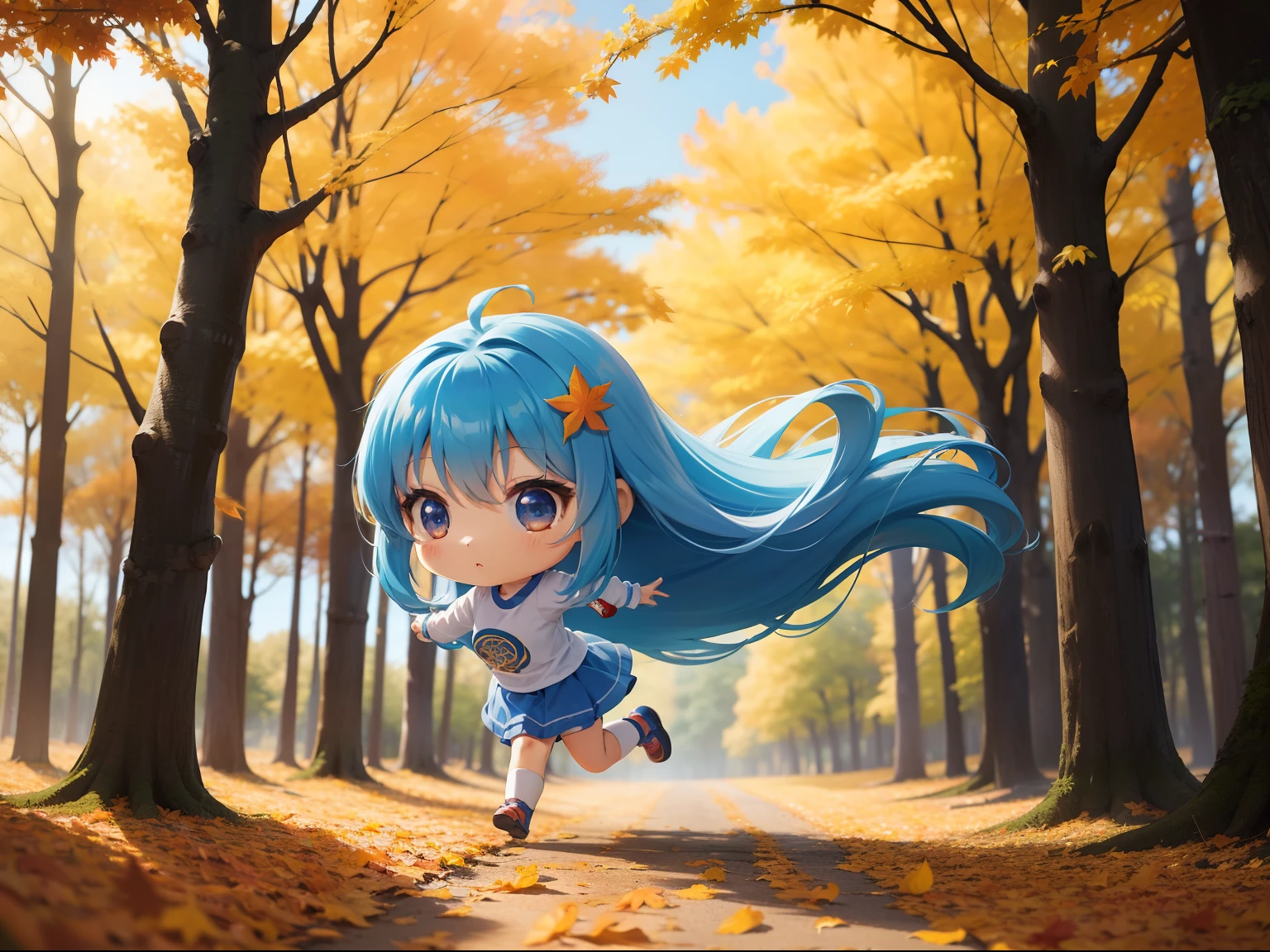 Chibichara　long hair with blue hair((Chibi Chara))、Fluffy、girl with、Chibi Chara、full body Esbian、Pastel colors hair、masutepiece、top-quality、In the forest of autumn leaves、Chibi Chara Running　Marathon