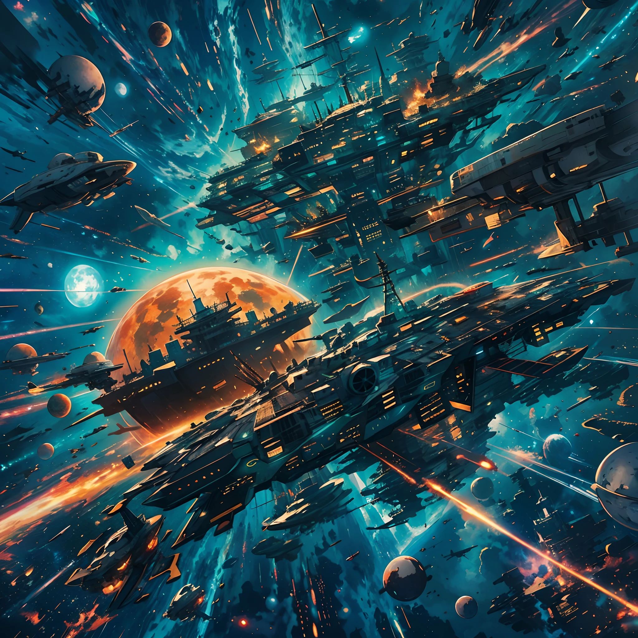 an exhilarating narrative of a space piracy clash amidst the captivating backdrop of a vibrant blue celestial body. Immerse us in the chaos of laser beams zipping through the cosmos, orbital strikes igniting the void, and the mesmerizing interplay of shadows and dazzling light. Infuse the description with the dynamic maneuvers and postures of the dueling ships to paint a cinematic masterpiece of this epic space