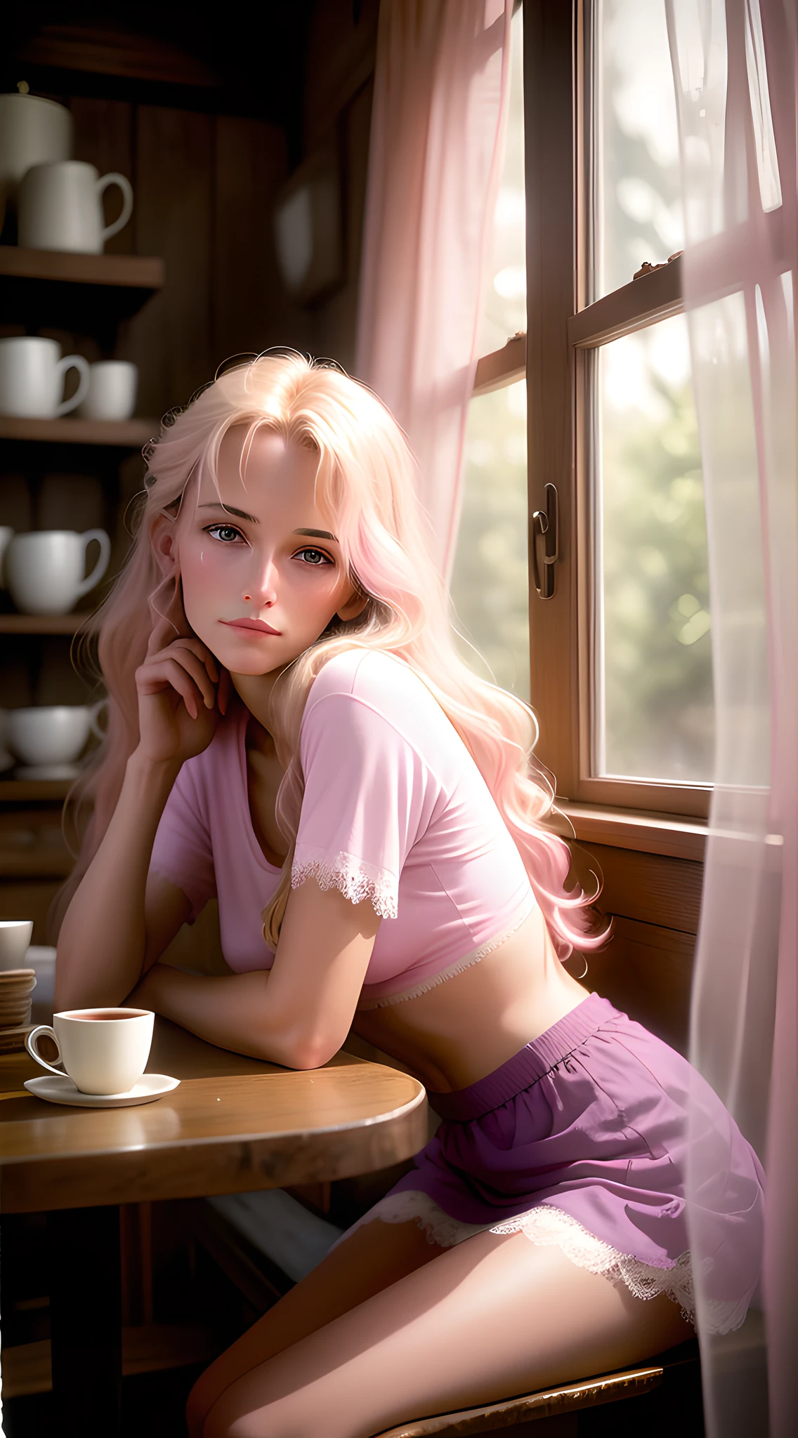 A stunningly beautiful woman with flowing golden hair sits at a rustic wooden table in a cozy coffee shop. She wears a soft pink t-shirt and a flowing floral mini skirt that matches the vibrant pink and purple flowers adorning the shop's windowsills. Soft natural light streams in through the vintage lace curtains, casting a warm and dreamy atmosphere. Captured with a vintage-style analogue camera, evoking a sense of nostalgia and timeless beauty, by Annie Leibovitz