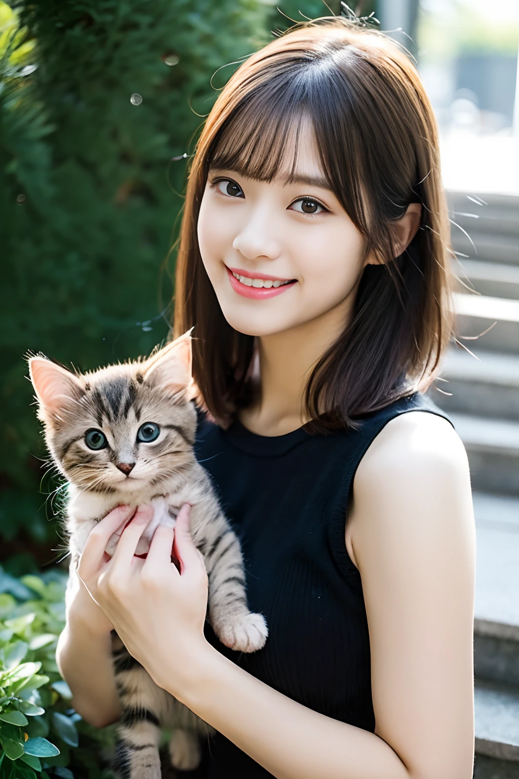 Beautiful Japan idol girl、Gently hold the kitten on the chest、short hair of brown and burgundy two-tone color,Smiling mischievously with sparkling eyes、Little round face girl、Sitting in the sunlit garden、White tank top with emphasis on the chest and cargo pants.8th class、Beautiful hands、Beautiful Finger、ultra-realistic full body photos、Master masterpiece、