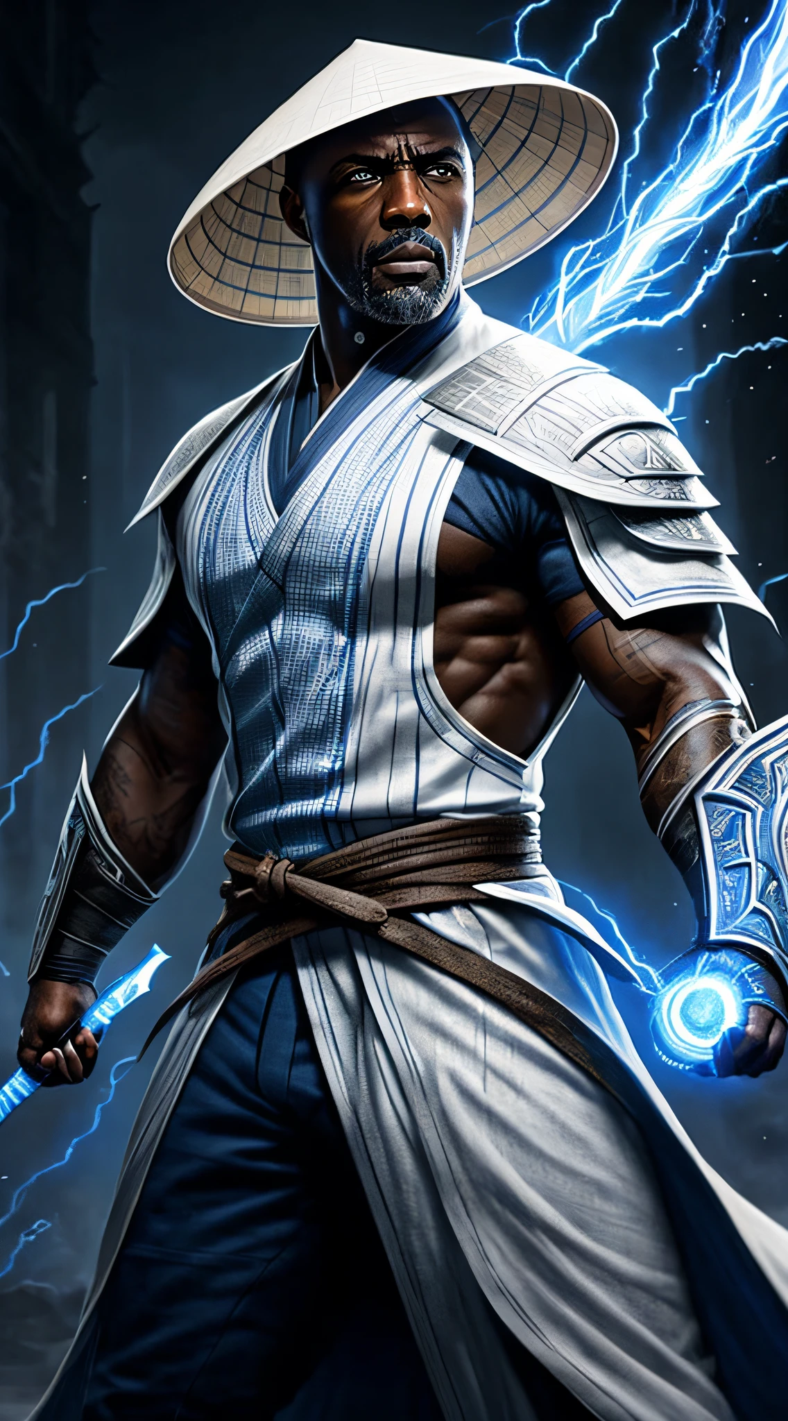 actor ((Idris Elba)) as Raiden, Mortal Kombat, wears white robe, a vietnamese hat, glowing blue eyes, wields staff, God of Thunder, protector of Earthrealm, intricate, high detail, sharp focus, dramatic, photorealistic painting art by greg rutkowski