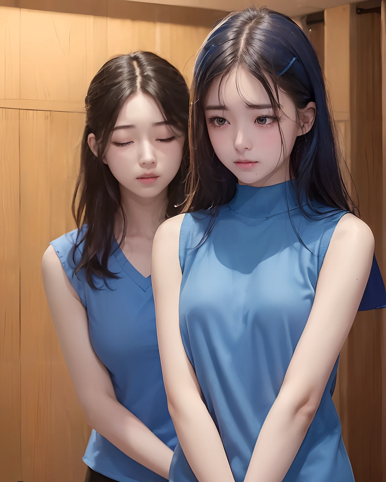 pureerosface_v1, Best Quality, Photorealistic, 8K, hight resolution, fulcolor, 1girl in, Woman, 20yr old female, full body seen、(a closed mouth:1.73), (Skindentation), (Portrait:0.3),Hot Spring Changing Room, ((Background of the dressing room of the hot spring:1.52)), fulcolor, ((Sleeveless Blue Shirt:1.58)), Look down:1.8, (1 Eyes of a girl looking down:1.55), (Medium Hair, brawn hair, parted hair:1.45), (Bokeh), Ashamed、blushed face、 is standing、Inner Stock、My face blushes.、Ashamed、closes mouth、looking downwards、Arms Down、Mojimoji、You can see up to your toes、face that seems to cry