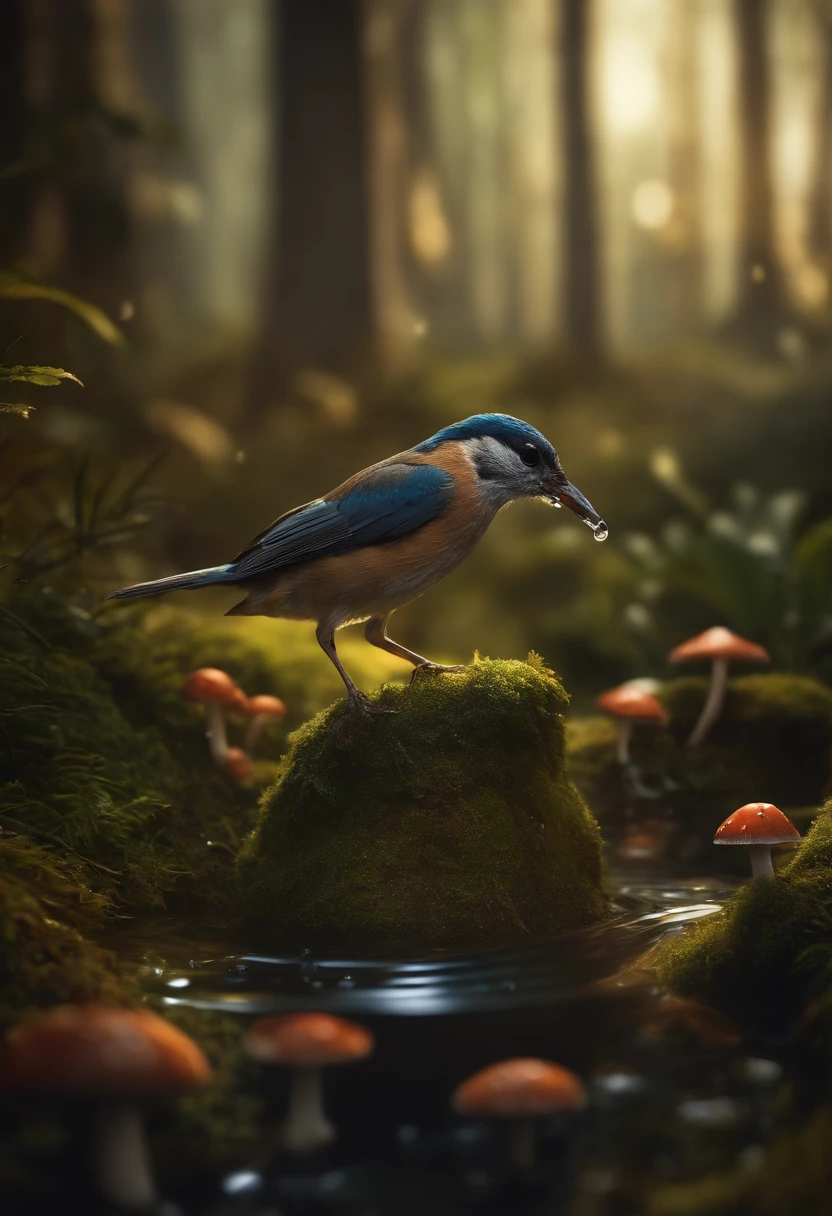 Masterpiece, macro photo of a bird drinking water in the forest, dusk, mushrooms, dewdrops, high contrast, Studio Ghibli style, highly complex, highly detailed, photorealistic style