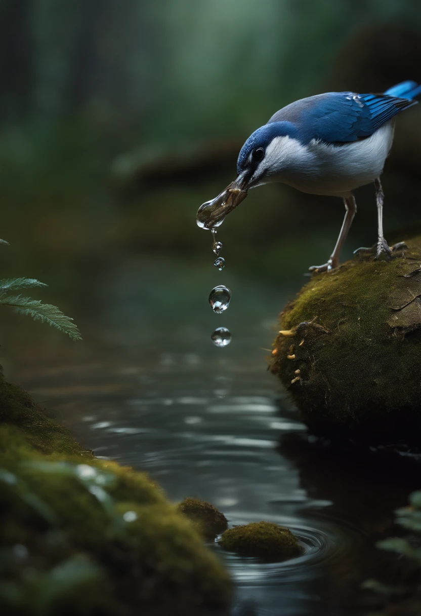 Masterpiece, macro photo of a bird drinking water in the forest, dusk, mushrooms, dewdrops, high contrast, Studio Ghibli style, highly complex, highly detailed, photorealistic style