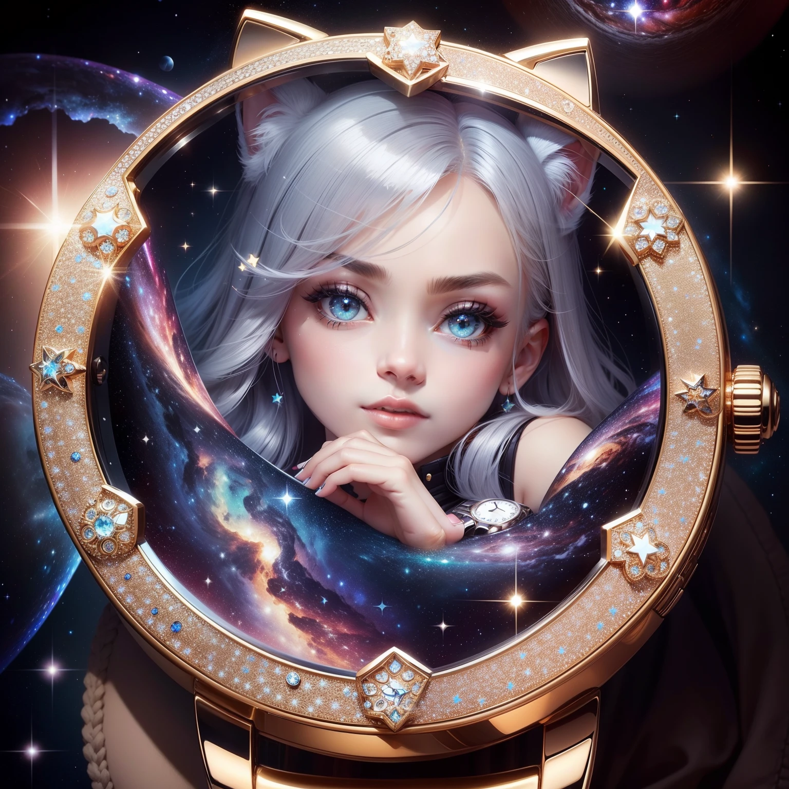 Cute watch with cat motif Lots of silver stars and rivers twinkling Glitter and seductive Galaxy like a jewel box You can also see large galaxies and the Milky Way shine beautful view