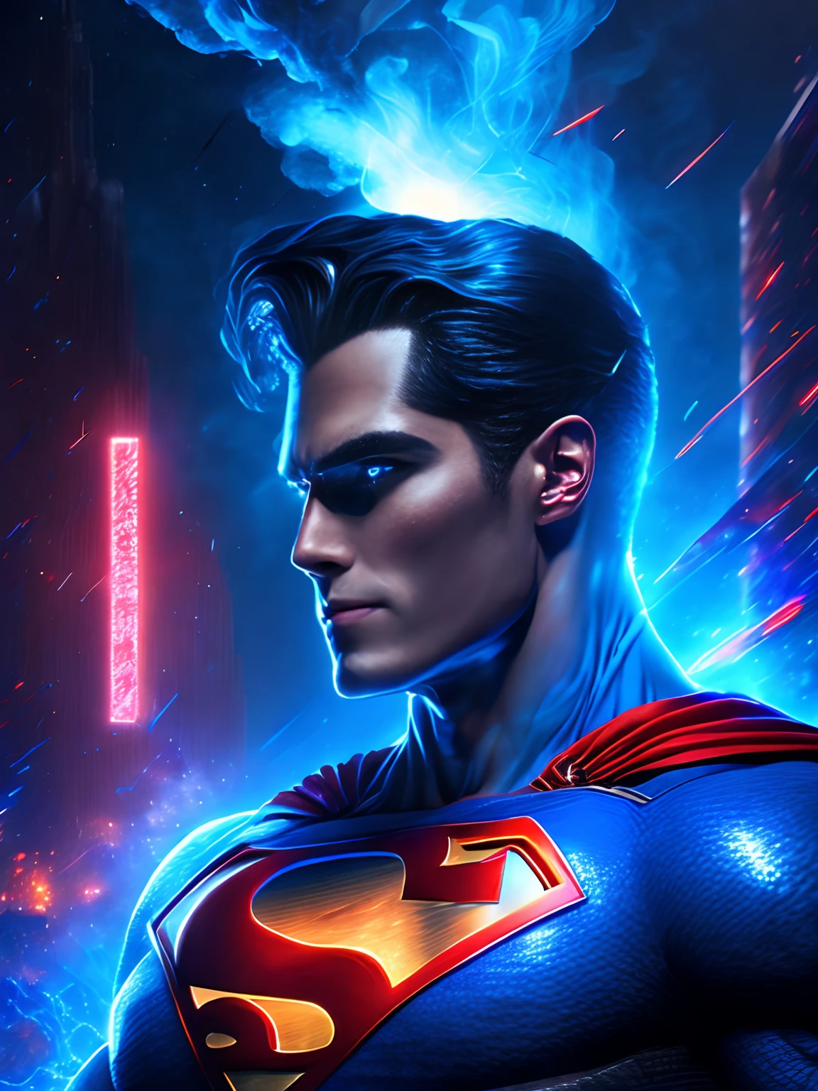 Retrato sombrio do Superman da DC, extremamente detalhado, futuristic cityscape, noite, glowing neon lights, smoke billowing, Sparks, Metal shavings, Detritos voadores, efeitos da energia azul, volumetric light