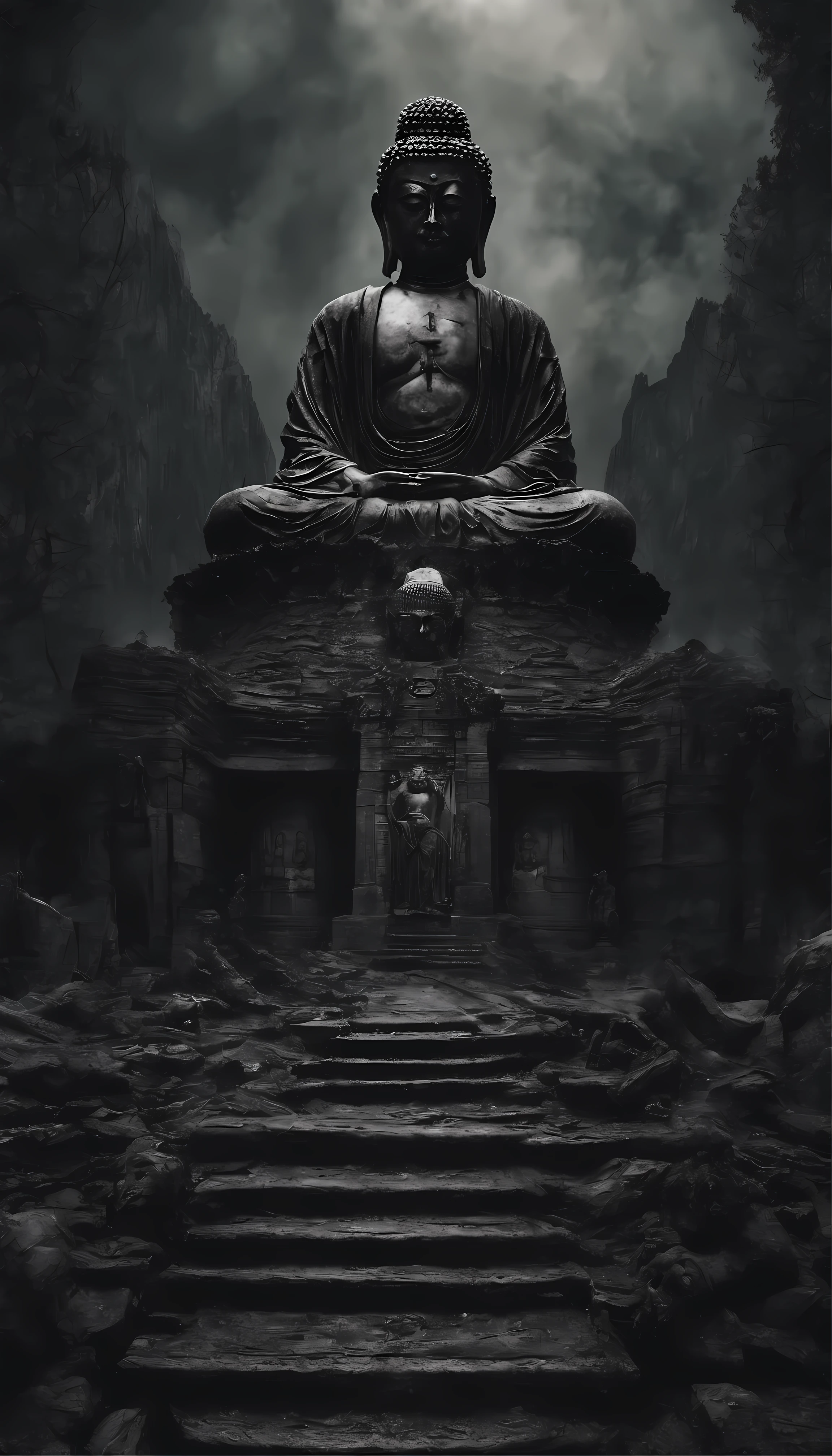 Masterpiece, Best quality, offcial art, 8K wallpaper, Very detailed, A hideous Buddha statue,angry look,All six arms hold weapons,A huge tall Buddha statue in the distance,Pilgrims on the road