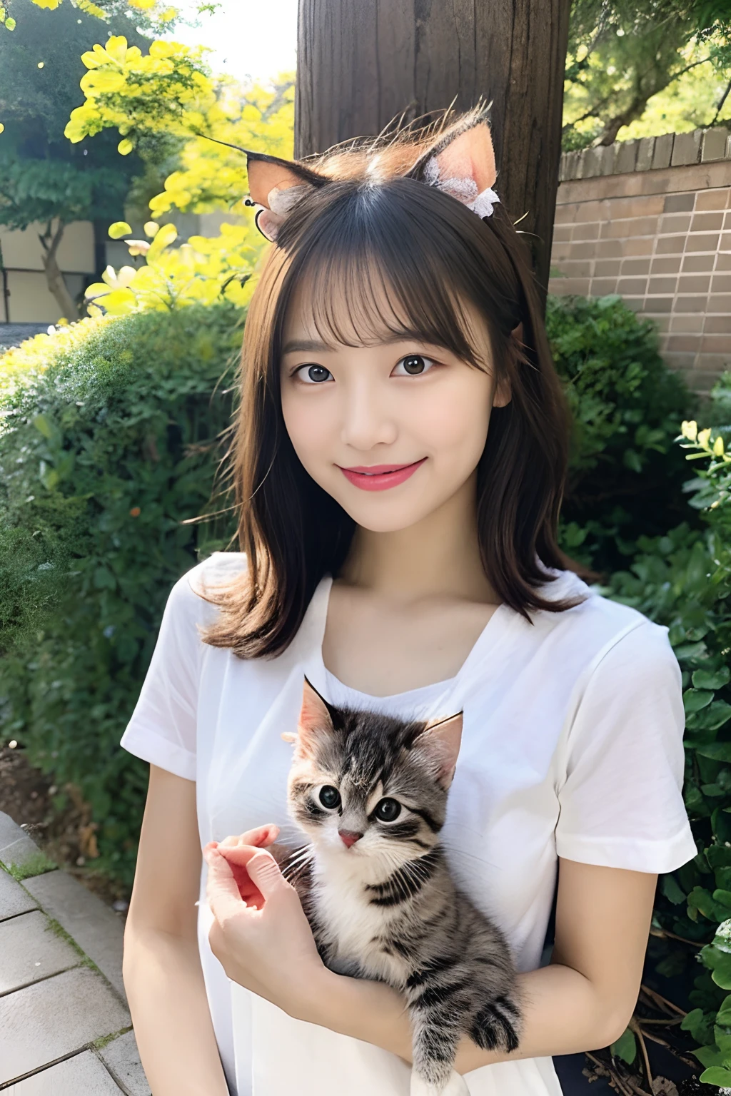 Beautiful Japan idol girl、Gently hold the kitten on the chest、short hair of brown and burgundy two-tone color,、Small cat ears、Smiling mischievously with sparkling eyes、Little round face girl、Sitting in the sunlit garden、Steampunk monarch with emphasis on the chest.8th class、Beautiful hands、Beautiful Finger、ultra-realistic full body photos、Master masterpiece、