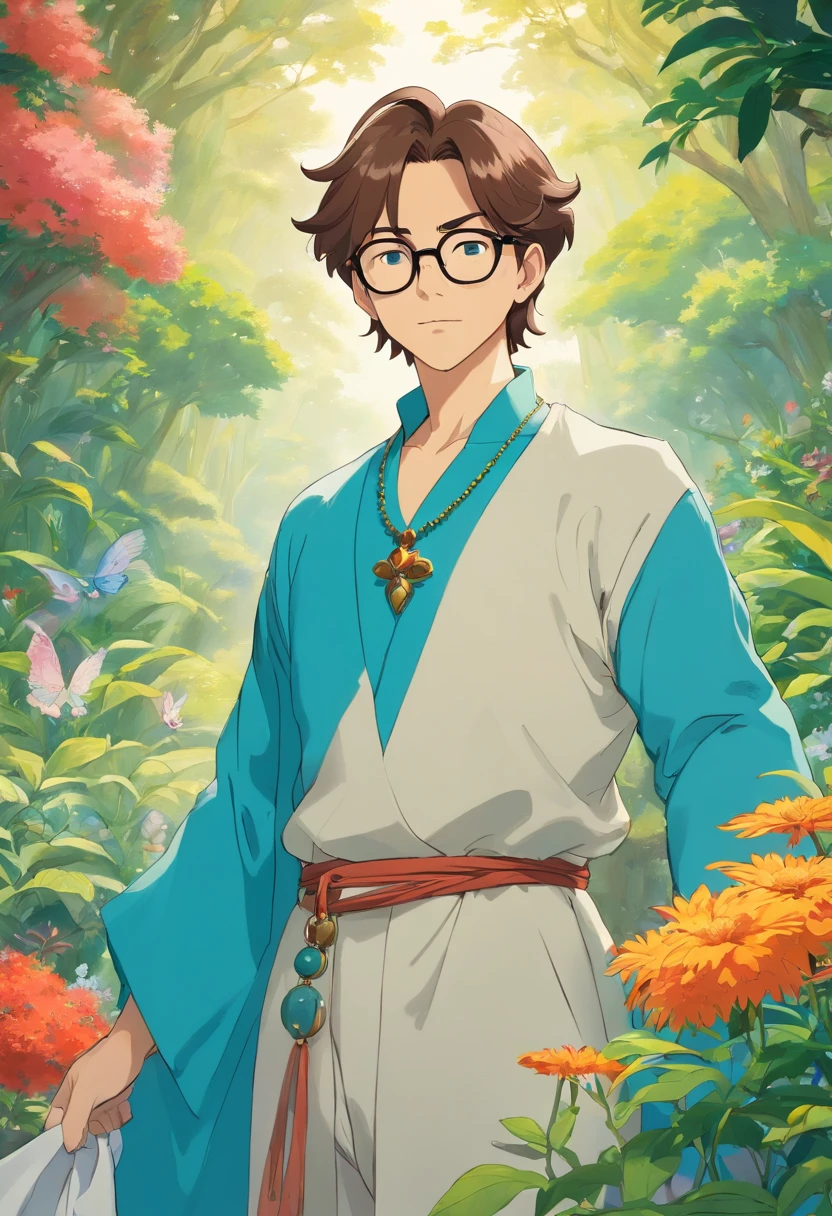 a handsome male King wearing glasses, Full body, long necklace and earrings, with a calm garden landscape style, colorful animated stills, masami teraoka, aquamarine, paul gauguin, Embry style, honest depiction