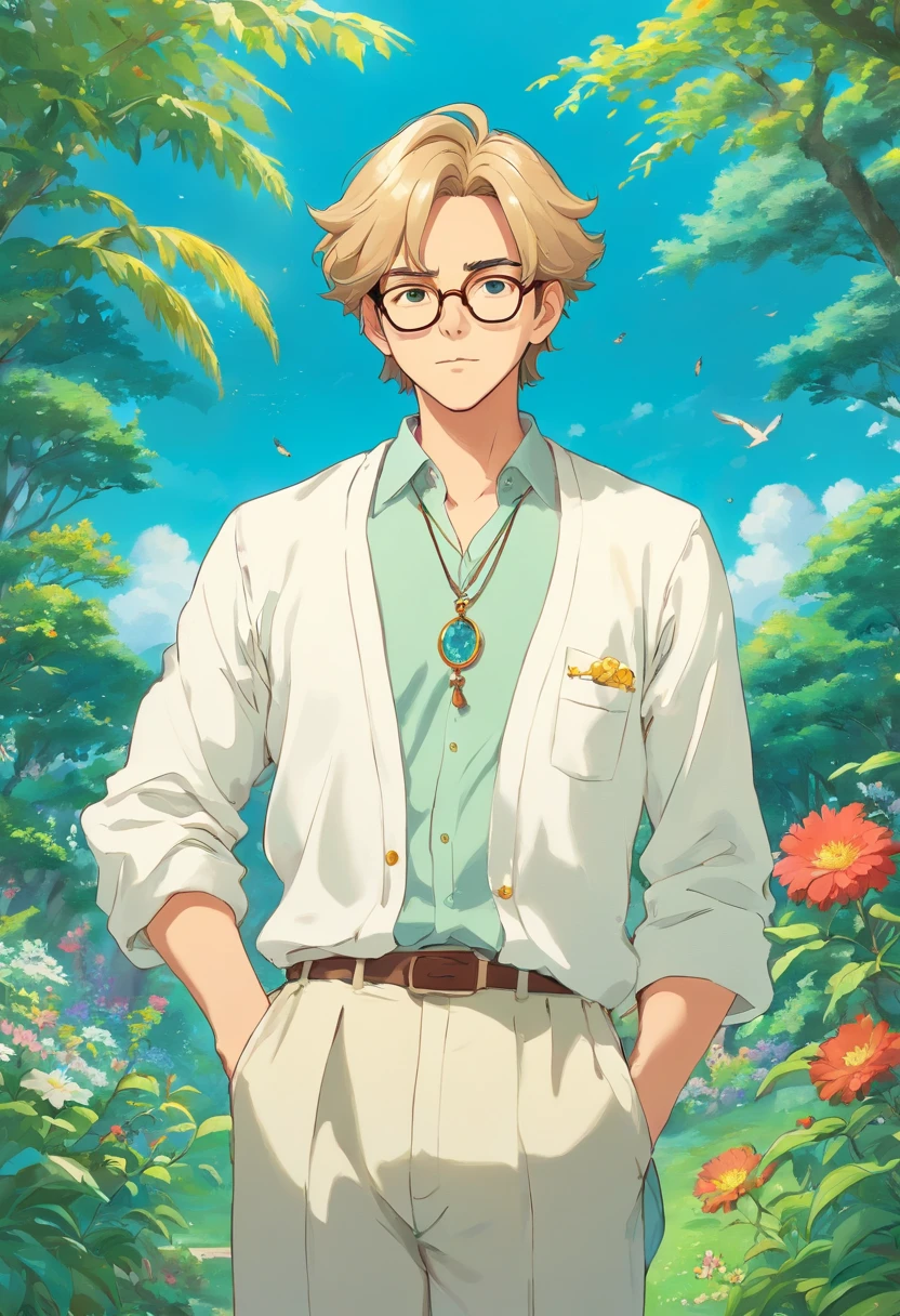 a handsome male King wearing glasses, Full body, long necklace and earrings, with a calm garden landscape style, colorful animated stills, masami teraoka, aquamarine, paul gauguin, Embry style, honest depiction