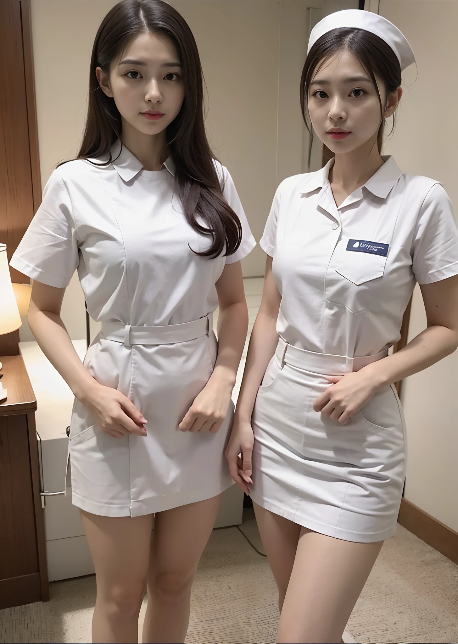 There was a woman in a white uniform, Nurse, full-body xianxia, nurse girl, healthcare worker, Fitted nurse uniform,Split nurse overalls,Slim figure,Anterior convex and posterior,Stand dignified and generous,fully body photo