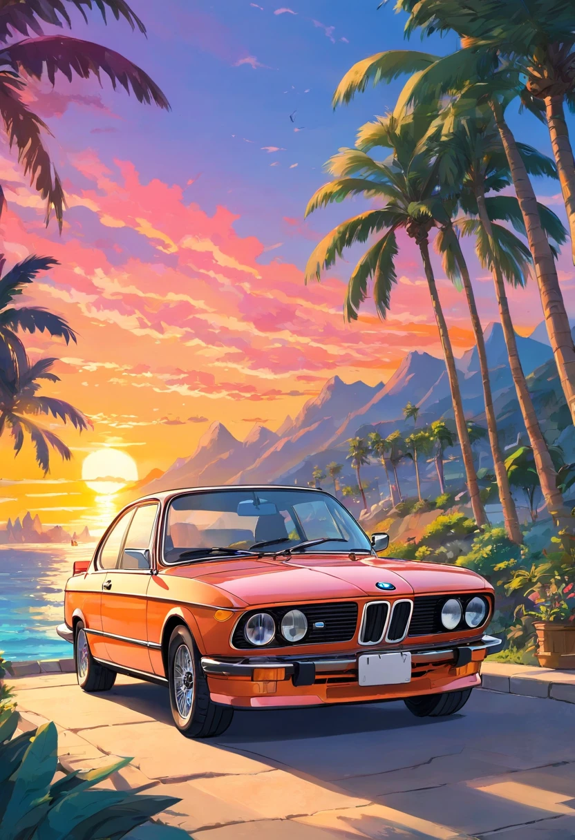 BMW classic car, sunset background, palm trees, 5 layers colors, sticker design