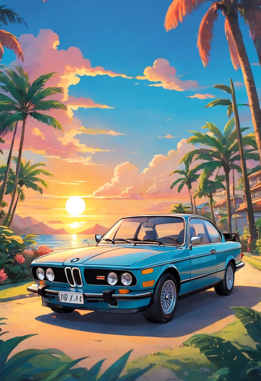 BMW classic car, sunset background, palm trees, 5 layers colors, sticker design