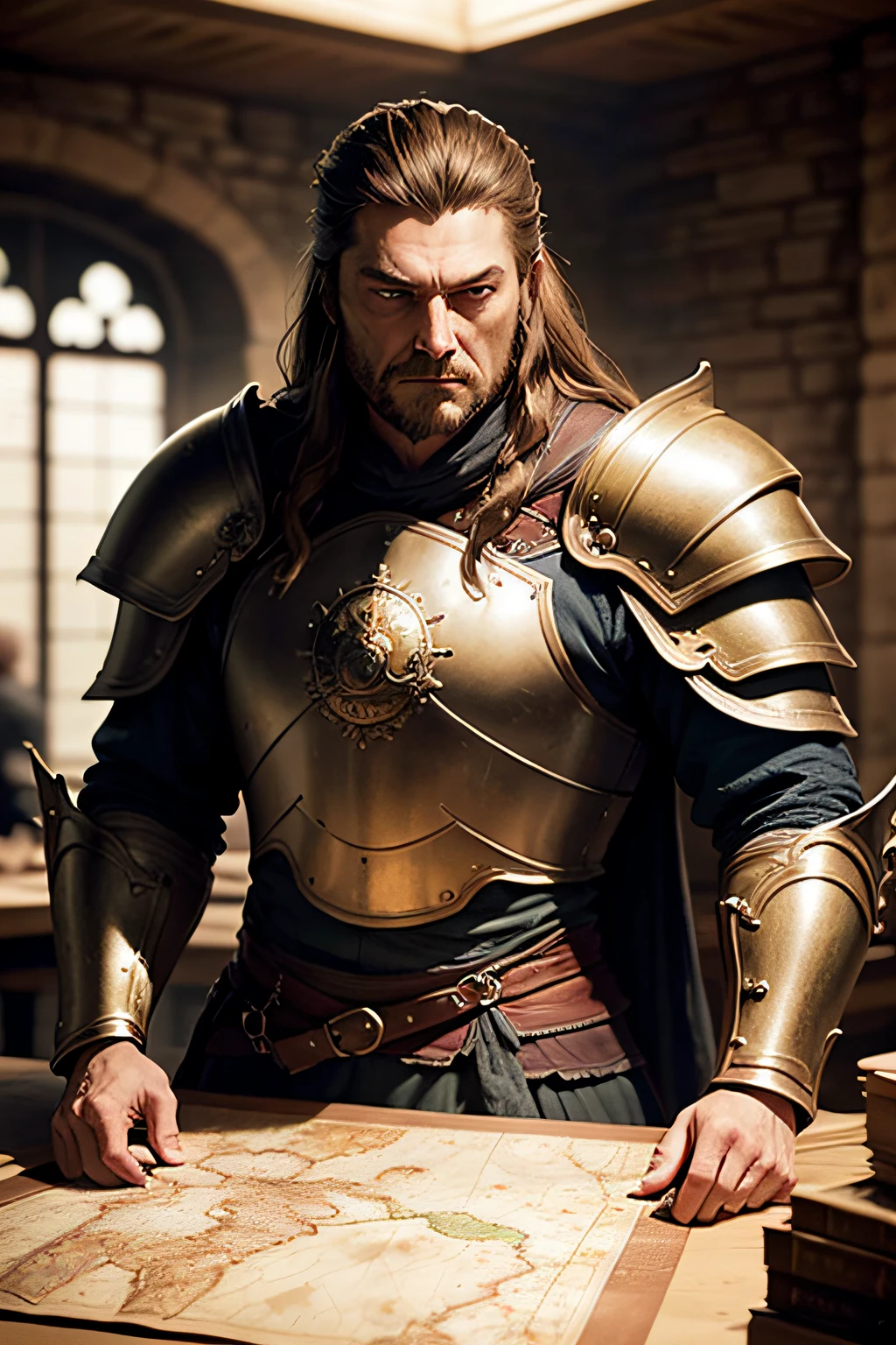 Eddard Stark looks at a map of Westeros, He holds a golden crown in his hand, A hyper-realistic, super detailed, beutiful, muscular, Moroccan armor, Super realistic, super detailed, Armor dress, gloweyes, stands near the table and looks at the map