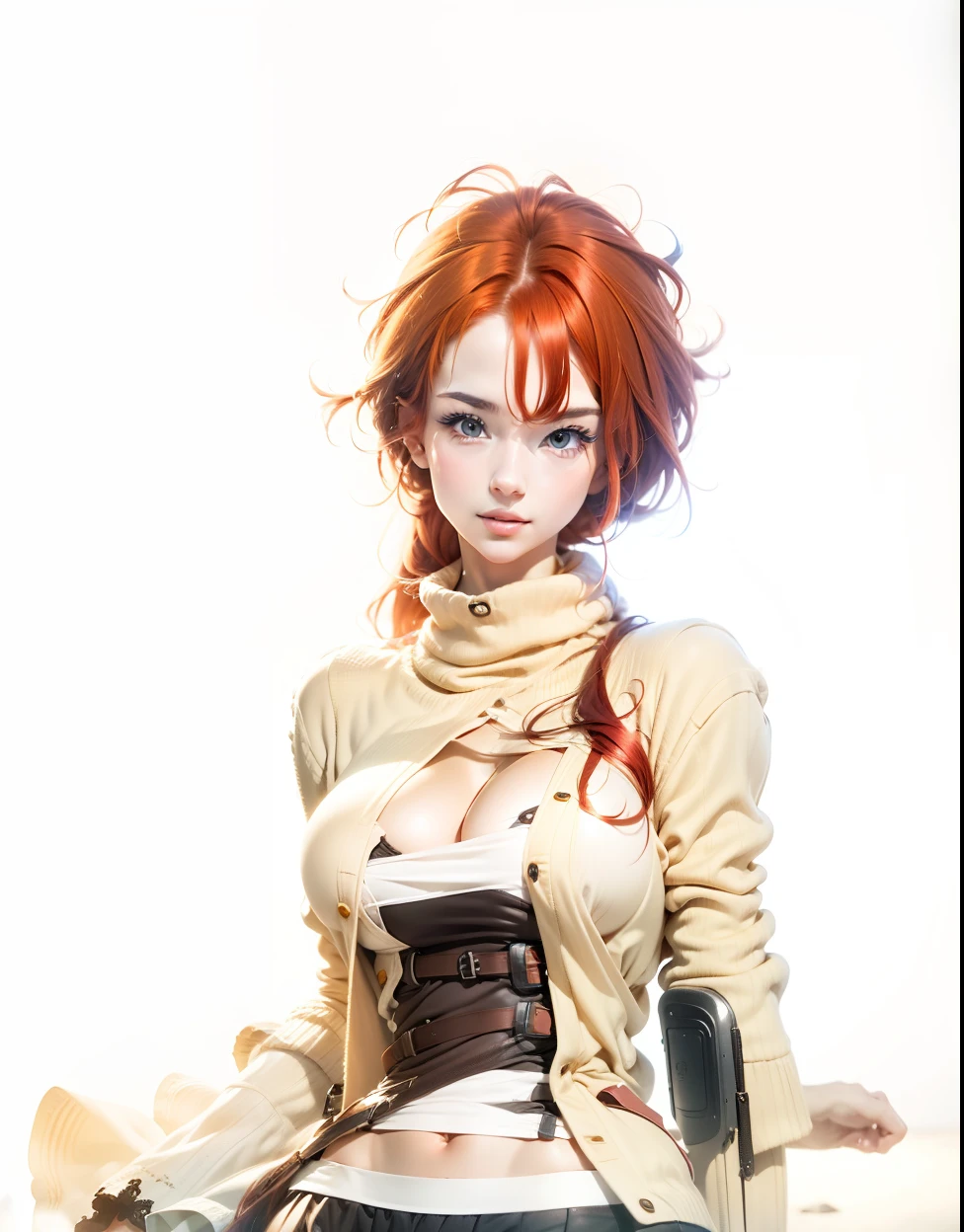 1 woman, solo, red head, long hair, big tits,