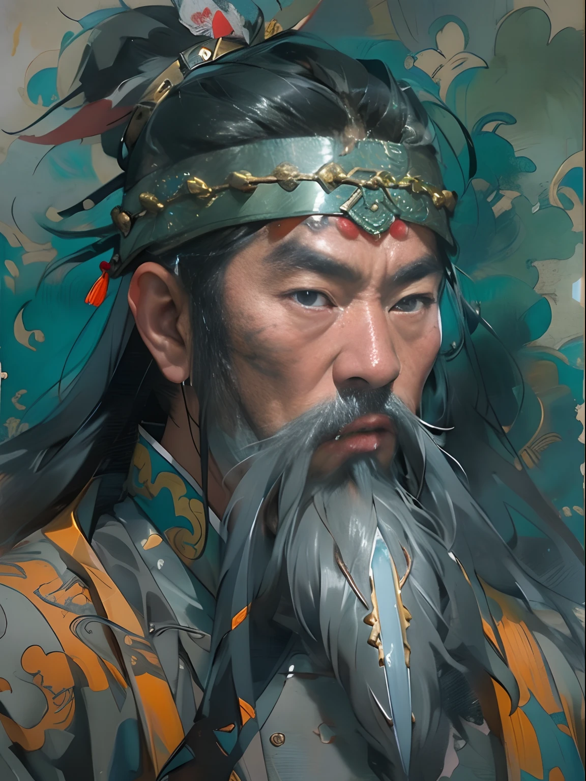 (((China-style,Ink painting method,Half-length portrait,Intense color,Han dynasty, China,Hanfu,Armor,Guan yu,Guan Yunchang,of a guy,Ruddy killing square face,Hold the Blue Dragon Moon Knife in his right hand,Stroke your beard with your left hand,Long hair,petty eyes,Green robe))), (((best qualityer))), (((tmasterpiece))), (((AS-Adult))), ((( Japanese ))), Look up from your knees, Handsome Asian samurai,perfect body figure, Modern samurai, ((( Asian))), Wear gloves on your hands,The left arm is made of steel and metal tips,Made of protective devices, The eyes are pulled, (( Appears below the chest )), (( Small dental floss )), Simon Bisley, Almost naked(Simon Bisley)Castle City Wilderness,For high-resolution posters, hair straight, Minimum clothing, armure (Crazy clothes ), Full of tips and rivets, tribal tattoos, (((full bodyesbian))), Straight brunette hair,Colored hair ends