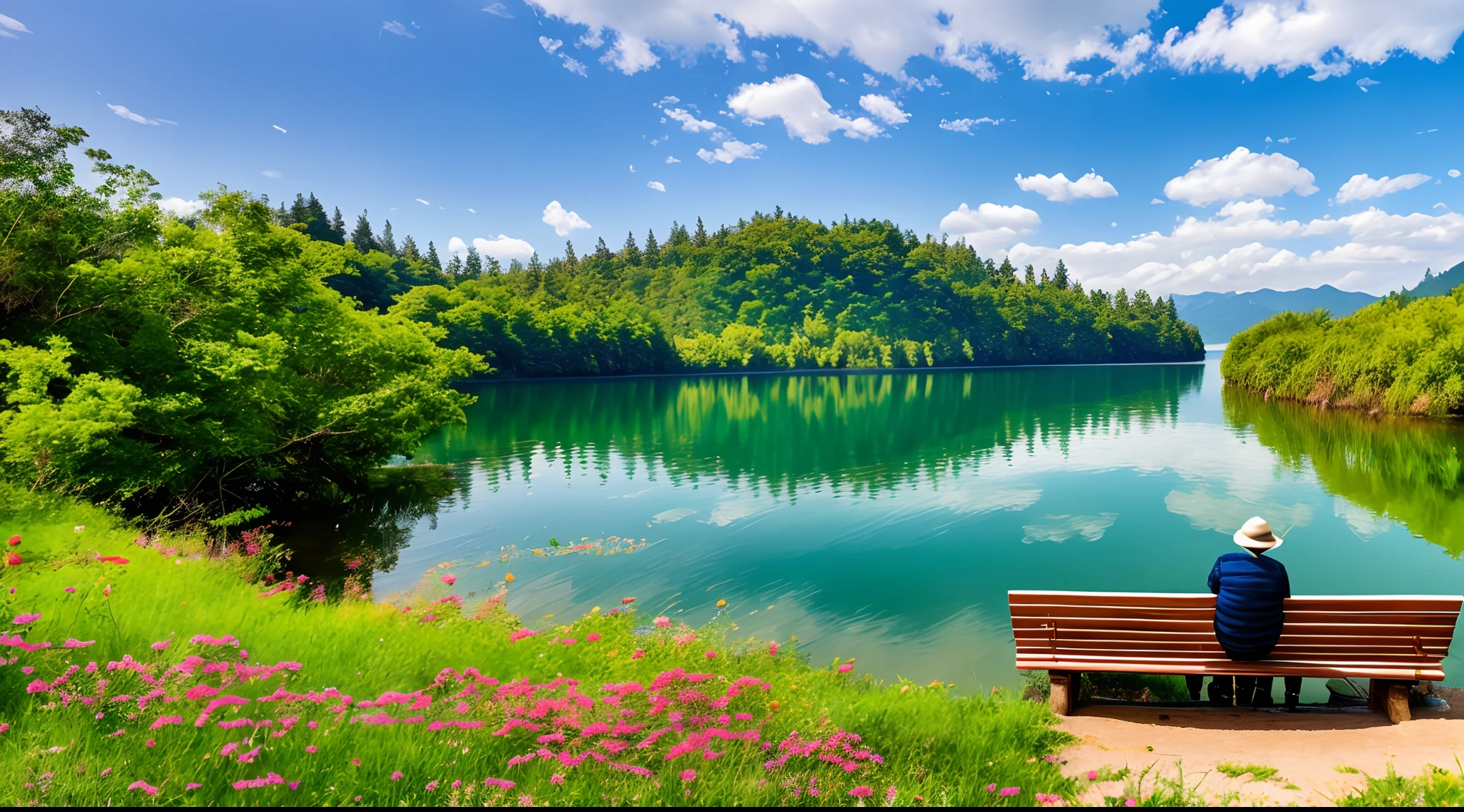 tmasterpiece,Best quality at best,high high quality,the Extremely Detailed CG Unity 8K Wallpapers,This beautiful scenery is located on the shores of a tranquil lake,The water in the lake is clear,Reflecting the blue sky and white clouds,It looks like a giant blue gemstone。On the lake,Several elegant white swans swim leisurely,From time to time, Makes a pleasant chirping sound。lakeside,Dense willow trees sway in the wind,Green wicker hangs down like a ribbon,In stark contrast to soda。
On the grass by the lake,Colorful wildflowers are in full bloom,Attract butterflies and bees to collect honey。Not far away,There is an old wooden trestle bridge,Across the lake,Connected to the islands in the lake。On a red wooden bench next to the trestle bridge,An elderly couple snuggles together,Enjoy the picturesque views。
distance,Emerald green mountains cascade upon layer,Connected to the blue sky,It forms a perfect picture。On top of the mountain,A cloud of mist,It's like a fairyland。sun shining through clouds,Sprinkle on this beautiful landscape,Every place is painted with golden brilliance。
It's a place to get away from the hustle and bustle、Peaceful and beautiful hideaway,You can't help but want to stop,Feel the gift of nature with your heart。